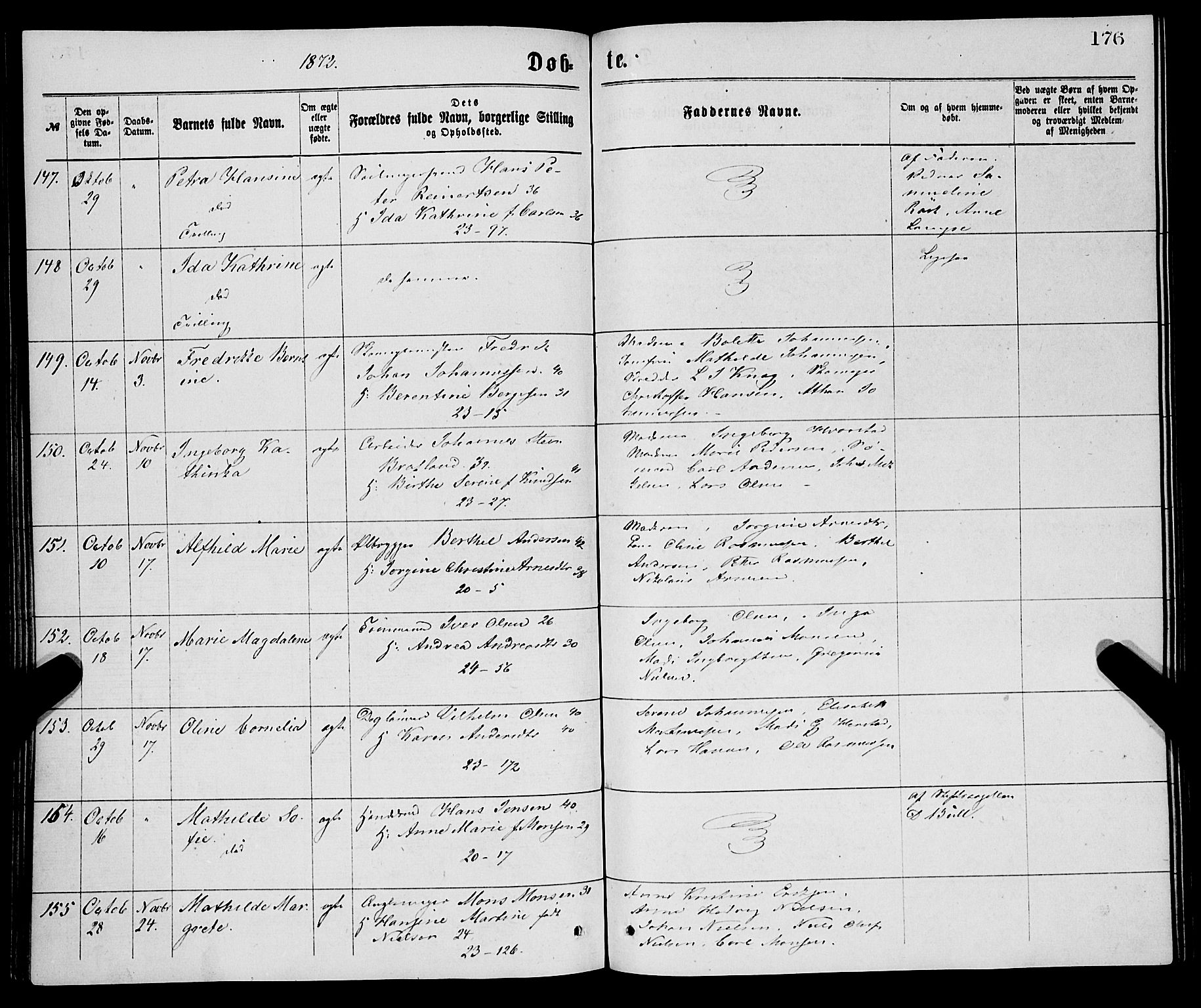 Korskirken sokneprestembete, AV/SAB-A-76101/H/Haa/L0020: Parish register (official) no. B 6, 1871-1878, p. 176