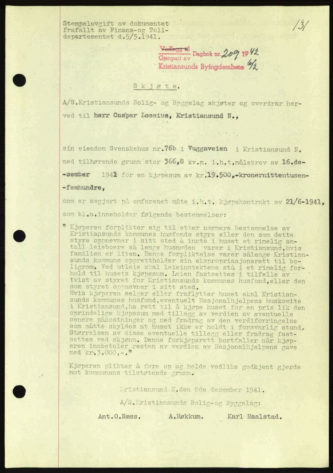 Kristiansund byfogd, AV/SAT-A-4587/A/27: Mortgage book no. 34, 1941-1945, Diary no: : 209/1942