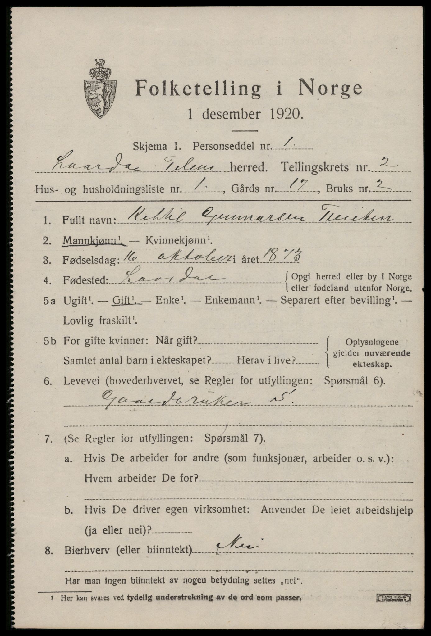 SAKO, 1920 census for Lårdal, 1920, p. 1195