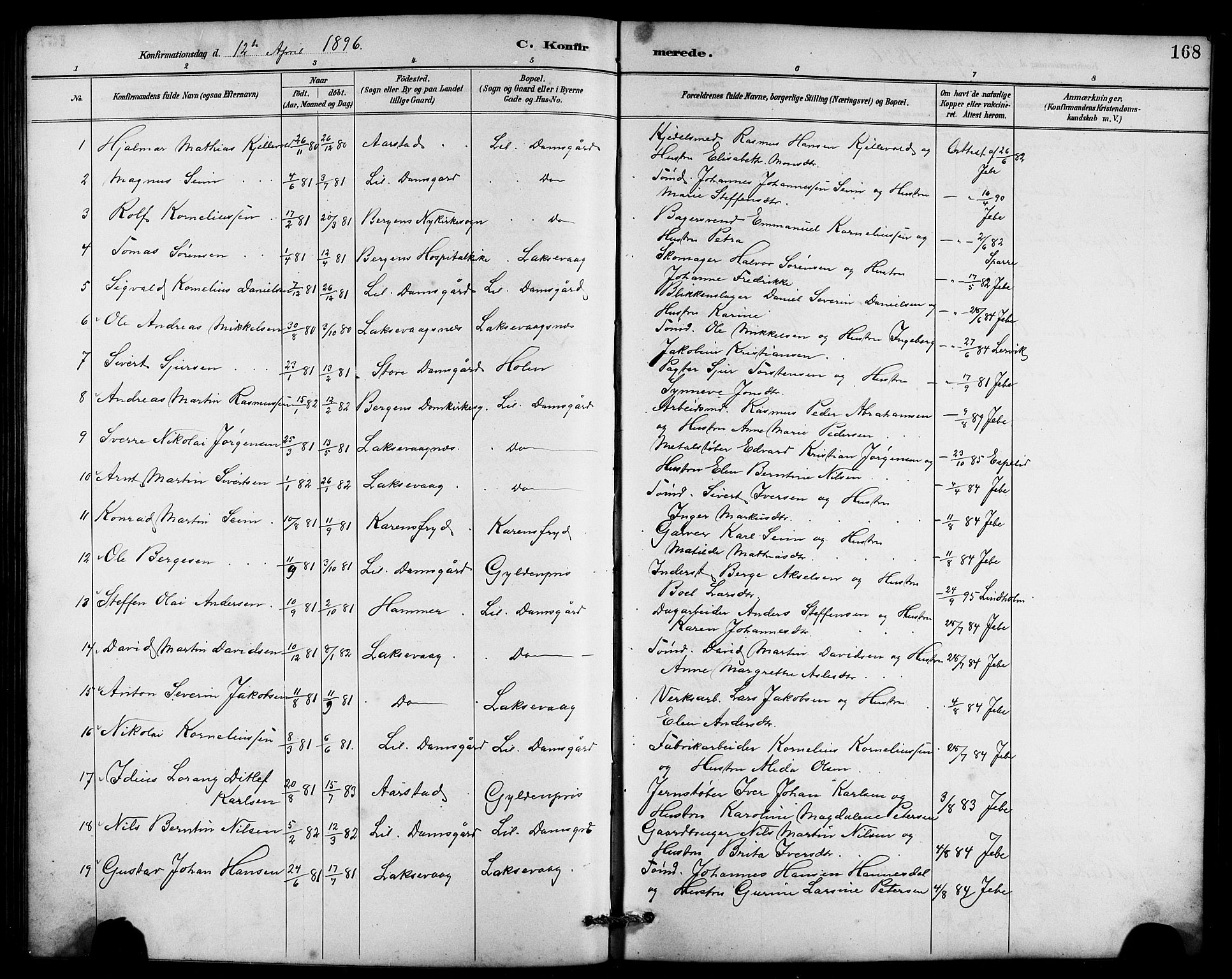 Laksevåg Sokneprestembete, SAB/A-76501/H/Ha/Hab/Haba/L0003: Parish register (copy) no. A 3, 1887-1899, p. 168