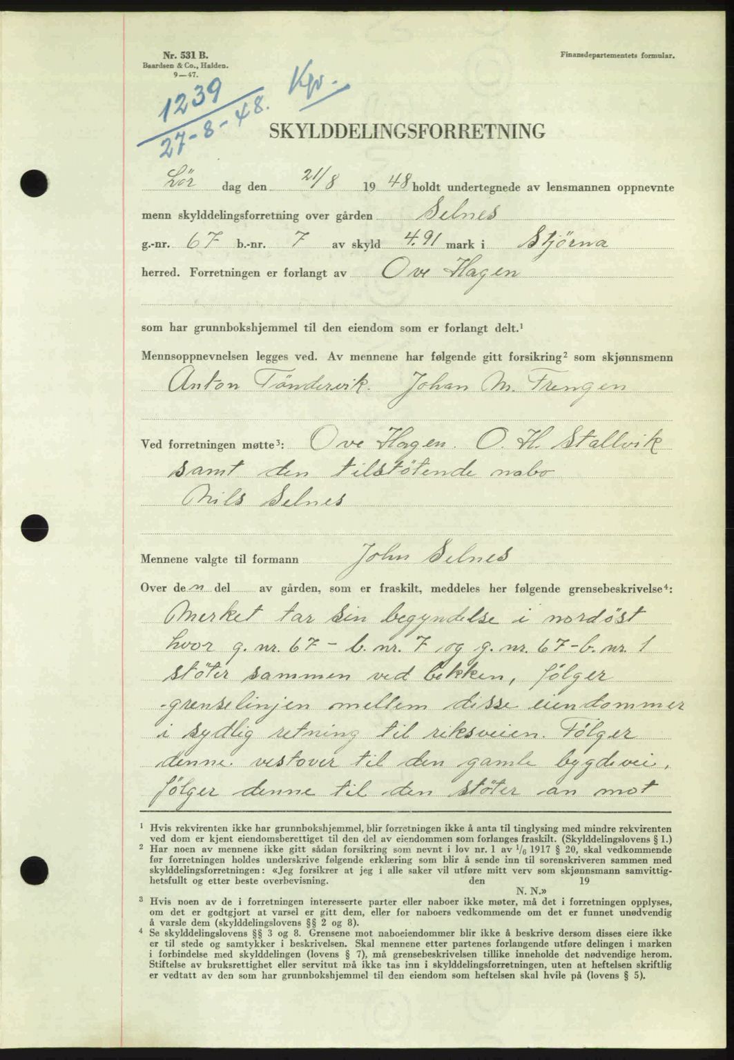 Fosen sorenskriveri, AV/SAT-A-1107/1/2/2C: Mortgage book no. A7-9, 1947-1949, Diary no: : 1239/1948