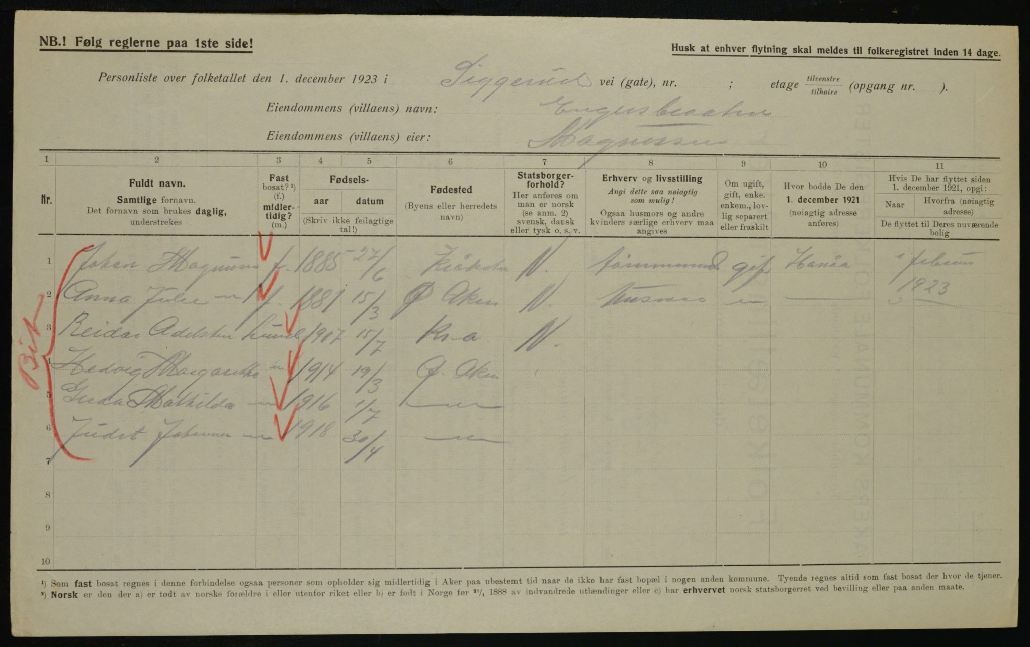 , Municipal Census 1923 for Aker, 1923, p. 45198