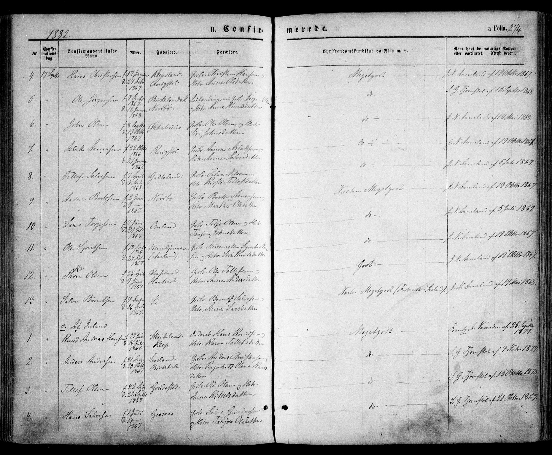 Evje sokneprestkontor, SAK/1111-0008/F/Fa/Faa/L0006: Parish register (official) no. A 6, 1866-1884, p. 274