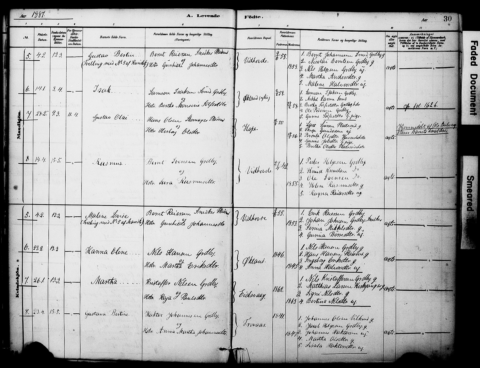 Sveio Sokneprestembete, SAB/A-78501/H/Haa: Parish register (official) no. C 2, 1881-1899, p. 30