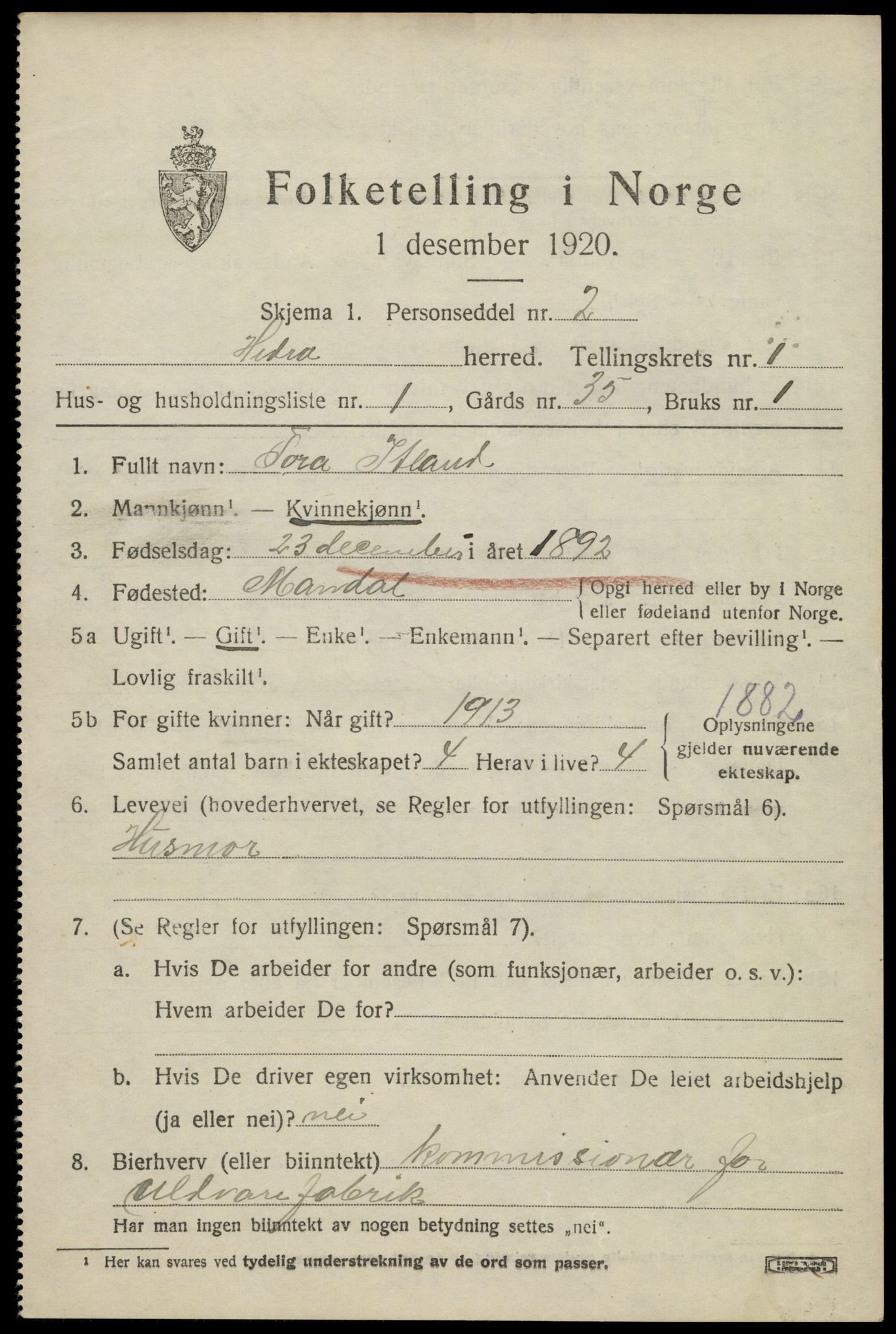 SAK, 1920 census for Hidra, 1920, p. 826