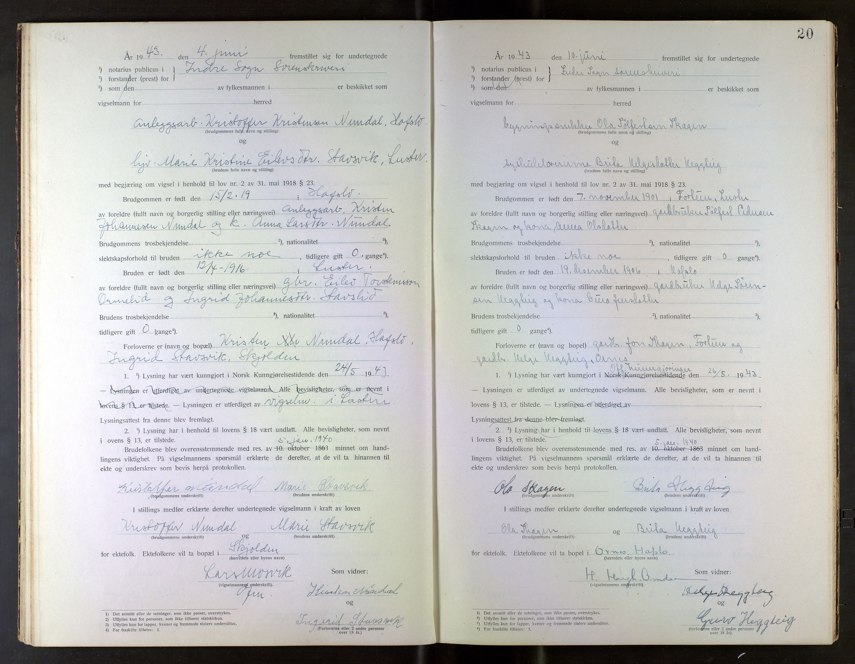 Indre Sogn tingrett, AV/SAB-A-3301/1/L/La/Laa/L0001: Vigselsbok Indre Sogn, 1938-1967, p. 20