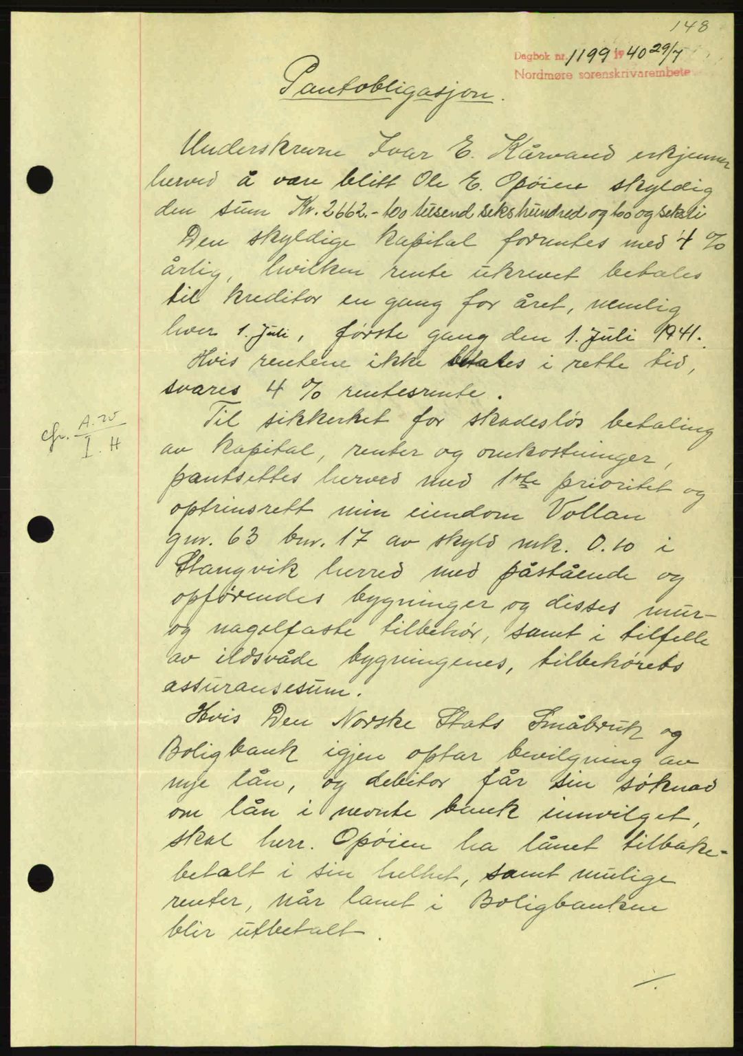 Nordmøre sorenskriveri, AV/SAT-A-4132/1/2/2Ca: Mortgage book no. B87, 1940-1941, Diary no: : 1199/1940