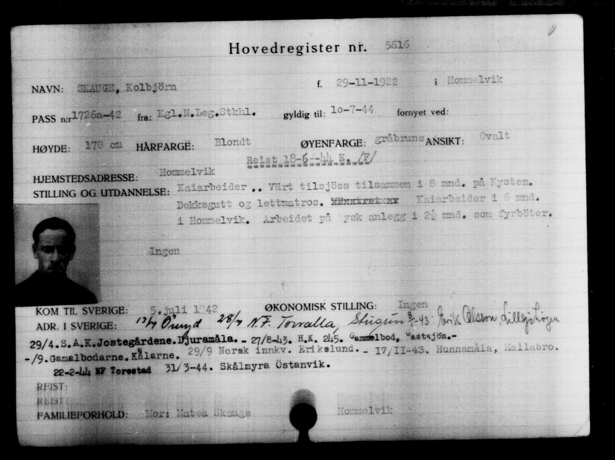 Utenriksstasjonene, Legasjonen i Stockholm, Flyktningkontoret, AV/RA-S-6753/V/Va/L0004: Kjesäterkartoteket, flyktninger med registreringsnr. 3496-6610, 1940-1945, p. 2457