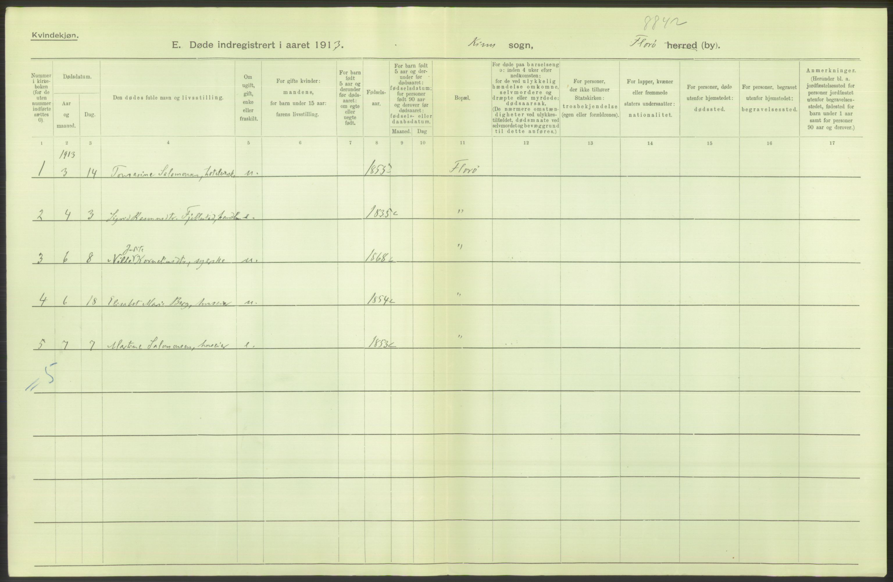 Statistisk sentralbyrå, Sosiodemografiske emner, Befolkning, AV/RA-S-2228/D/Df/Dfb/Dfbc/L0034: Florø by: Levendefødte menn og kvinner, gifte, døde, dødfødte., 1913, p. 22