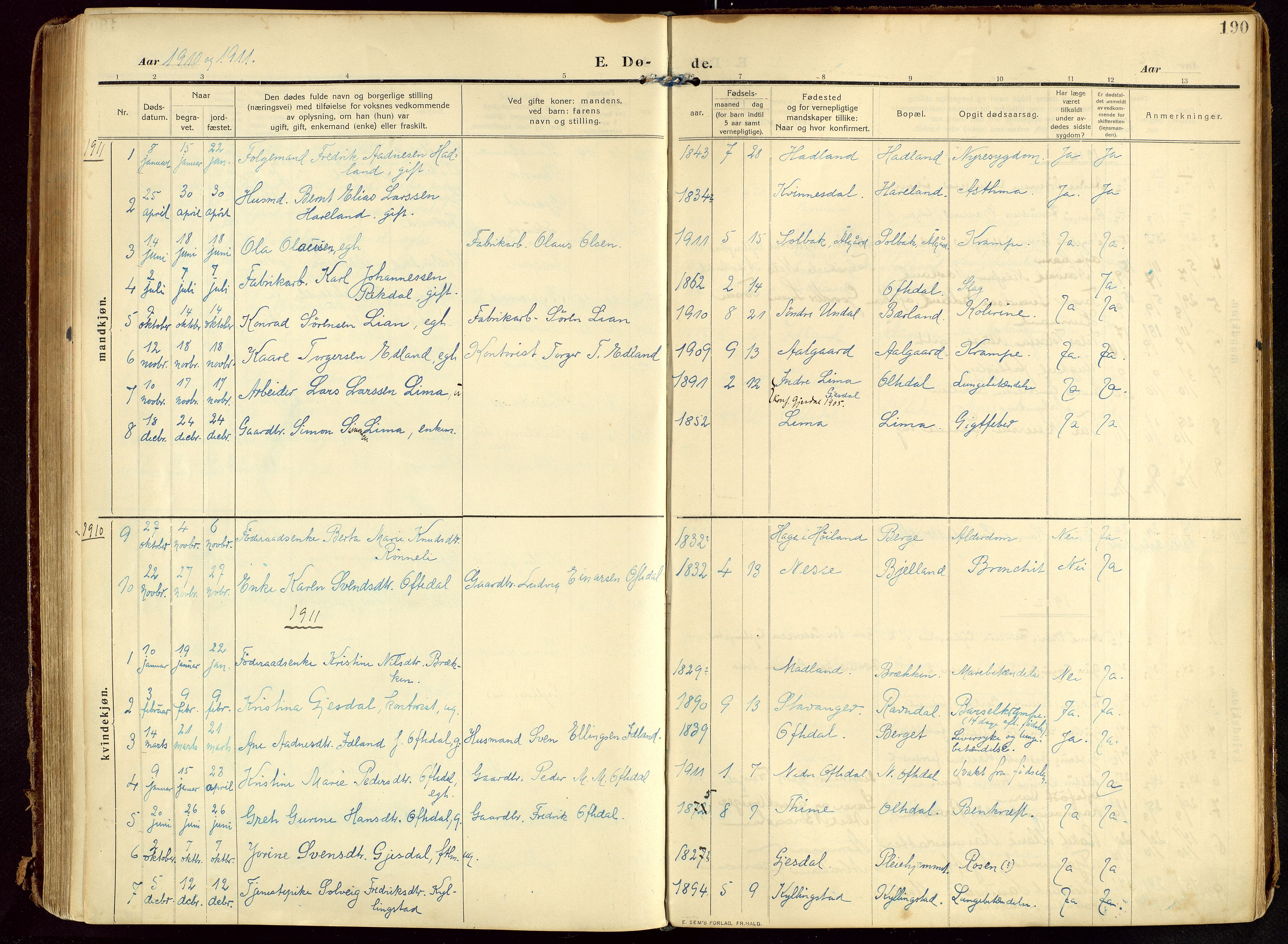 Lye sokneprestkontor, SAST/A-101794/002/B/L0001: Parish register (official) no. A 13, 1910-1925, p. 190