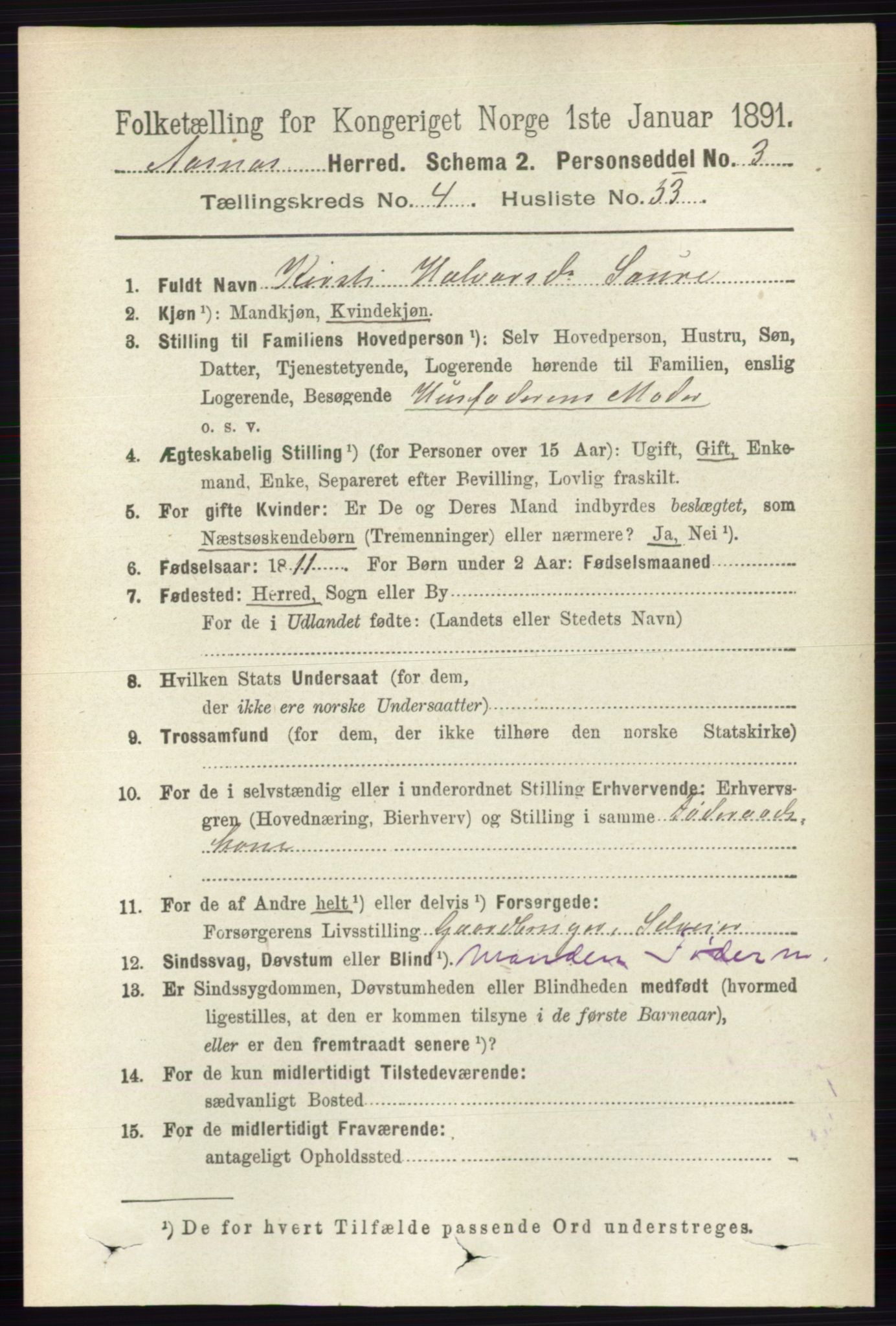 RA, 1891 census for 0425 Åsnes, 1891, p. 1952