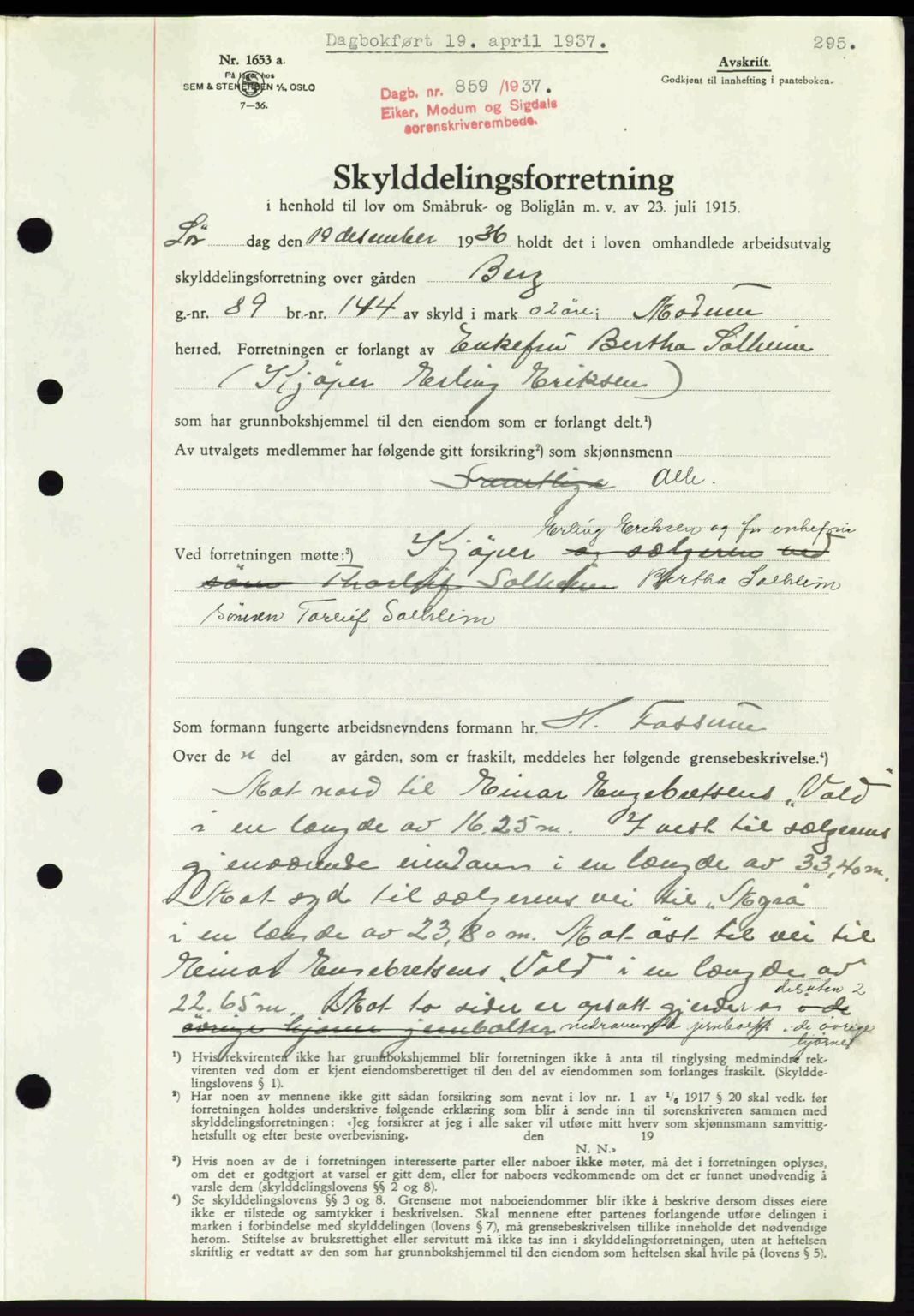 Eiker, Modum og Sigdal sorenskriveri, SAKO/A-123/G/Ga/Gab/L0035: Mortgage book no. A5, 1937-1937, Diary no: : 859/1937