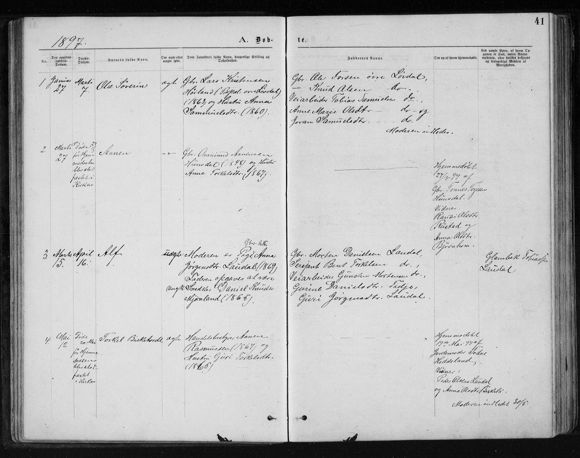 Holum sokneprestkontor, AV/SAK-1111-0022/F/Fb/Fbb/L0003: Parish register (copy) no. B 3, 1875-1898, p. 41