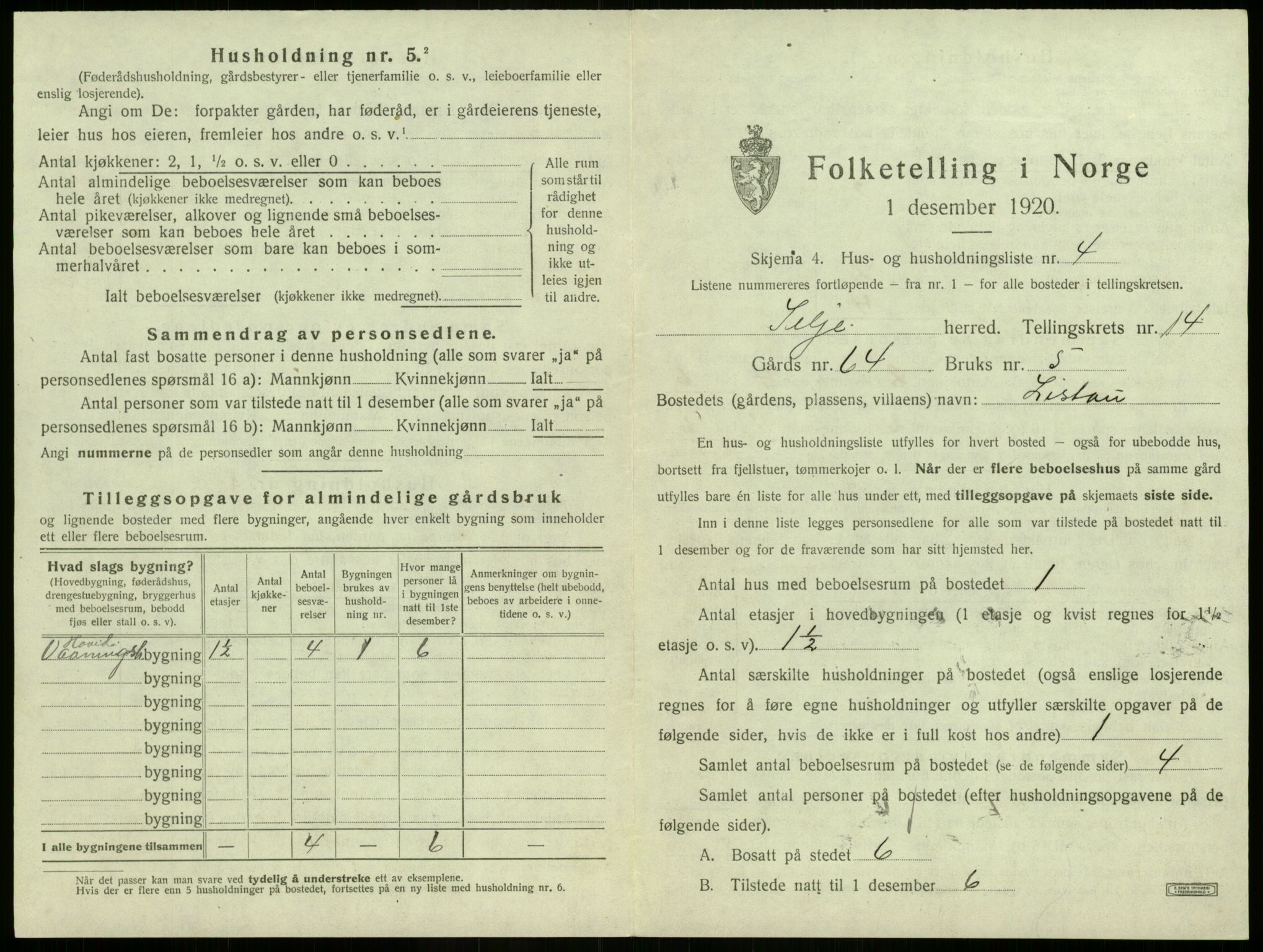 SAB, 1920 census for Selje, 1920, p. 840