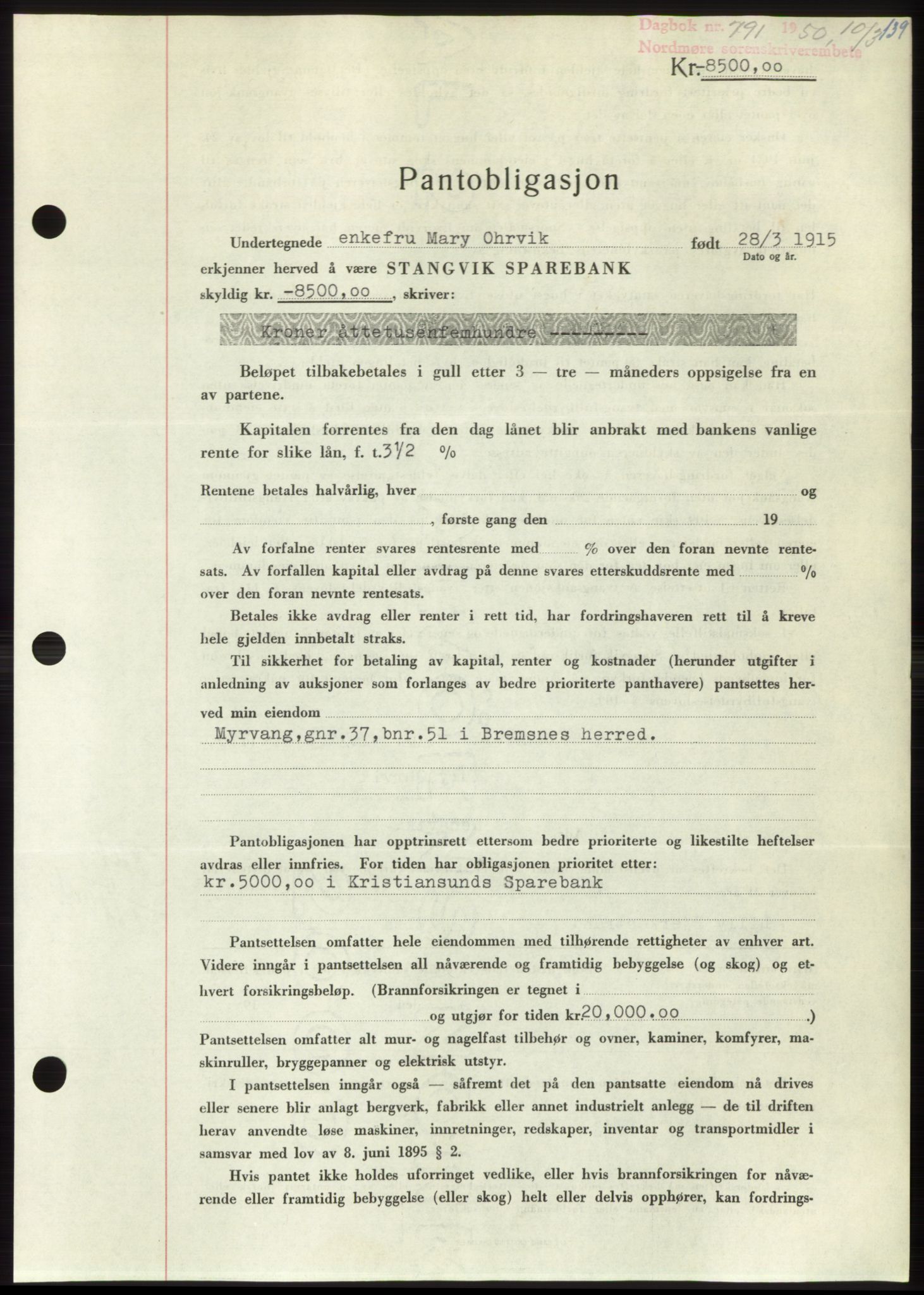 Nordmøre sorenskriveri, AV/SAT-A-4132/1/2/2Ca: Mortgage book no. B104, 1950-1950, Diary no: : 791/1950