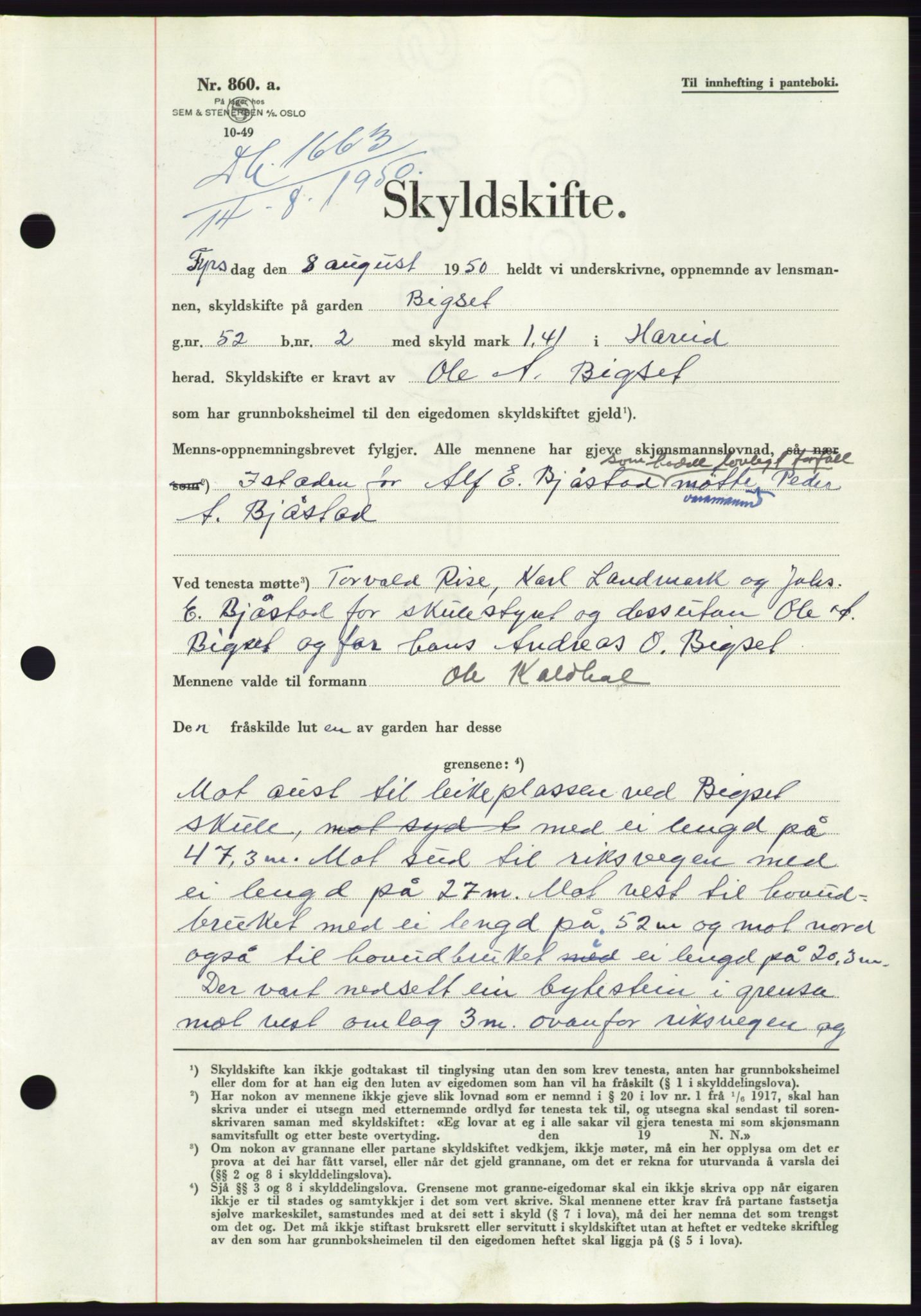 Søre Sunnmøre sorenskriveri, AV/SAT-A-4122/1/2/2C/L0087: Mortgage book no. 13A, 1950-1950, Diary no: : 1663/1950