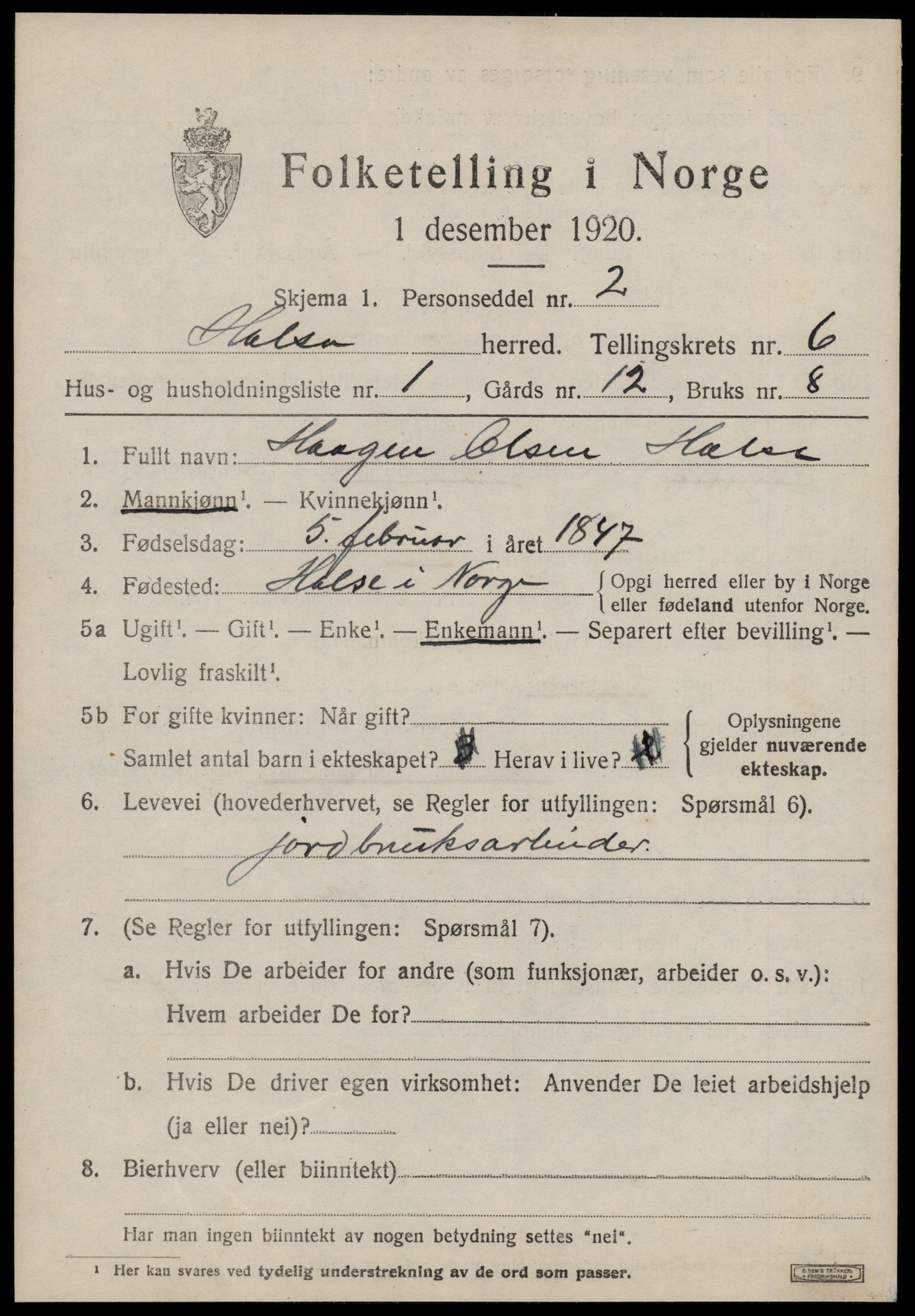 SAT, 1920 census for Halsa, 1920, p. 2223