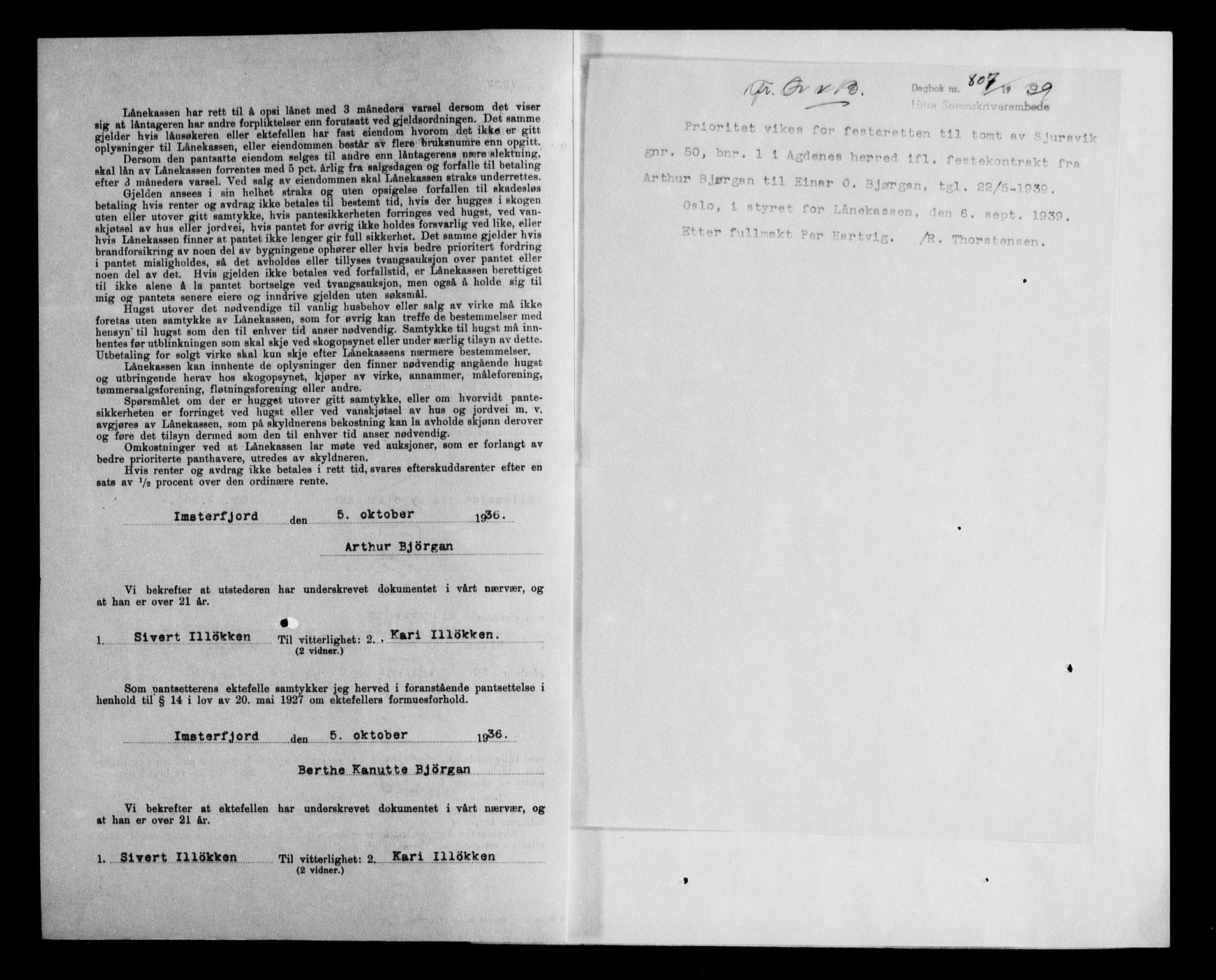 Hitra sorenskriveri, AV/SAT-A-0018/2/2C/2Ca/L0028: Mortgage book no. B-1, 1936-1939, Diary no: : 807/1939