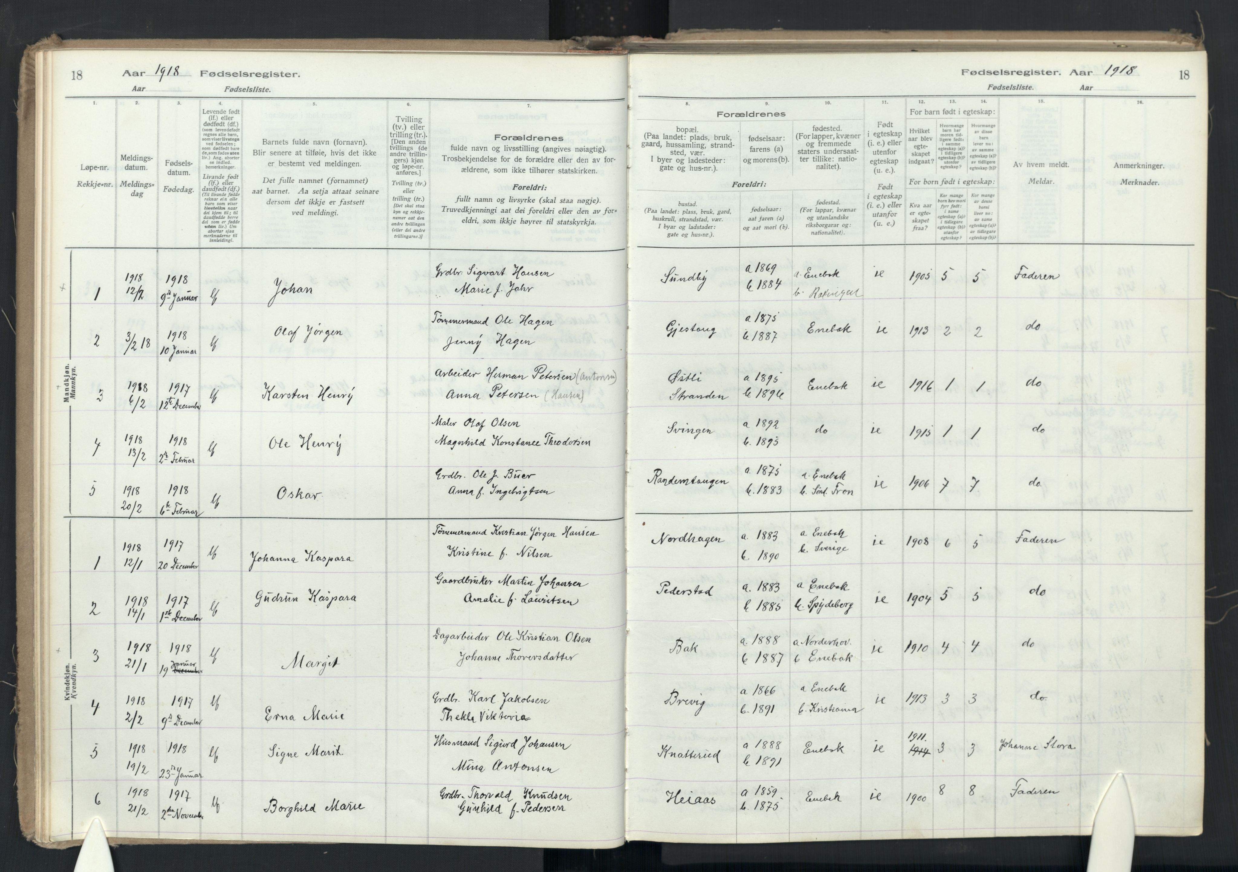 Enebakk prestekontor Kirkebøker, SAO/A-10171c/J/Ja: Birth register no. I 1, 1916-1948, p. 18