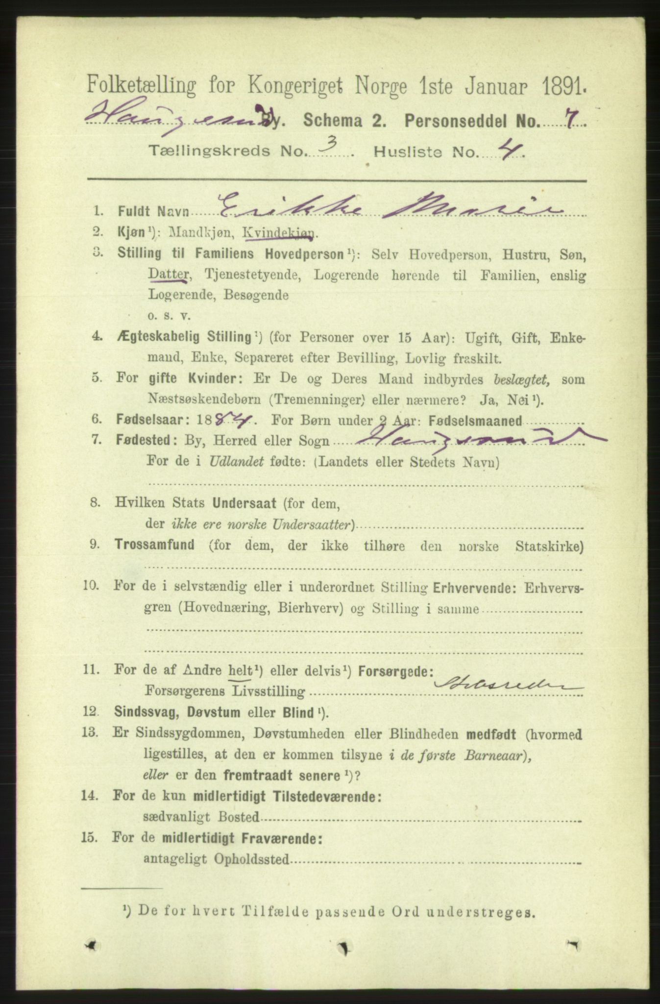 RA, 1891 census for 1106 Haugesund, 1891, p. 1062