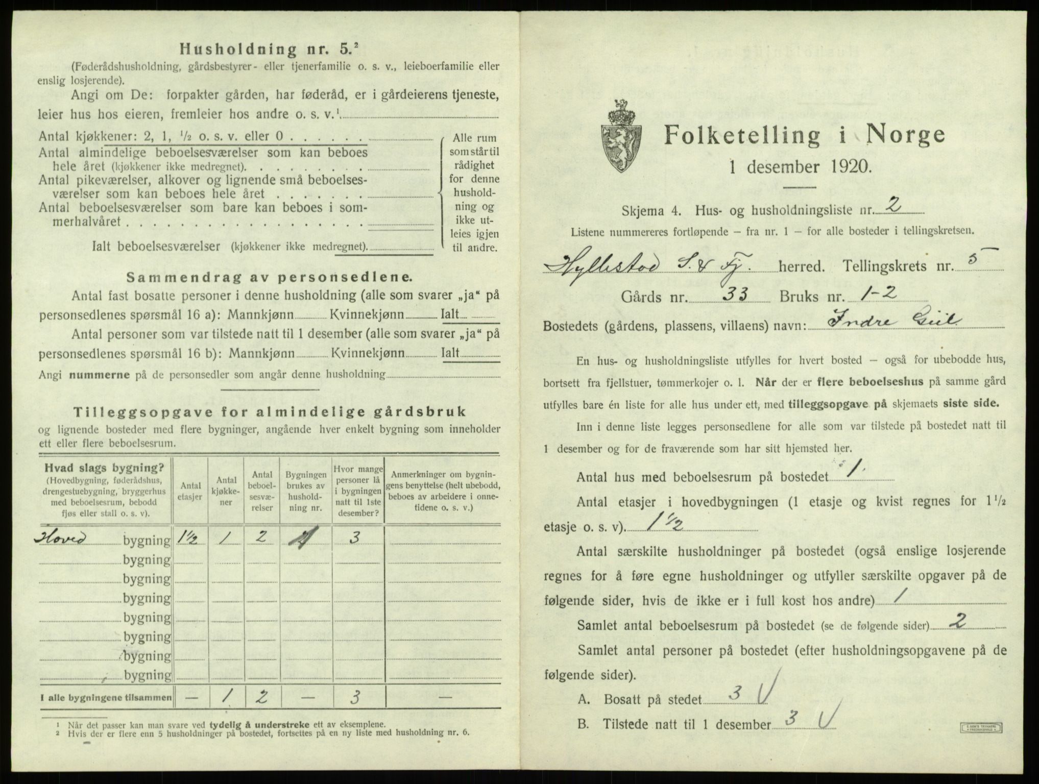 SAB, 1920 census for Hyllestad, 1920, p. 313