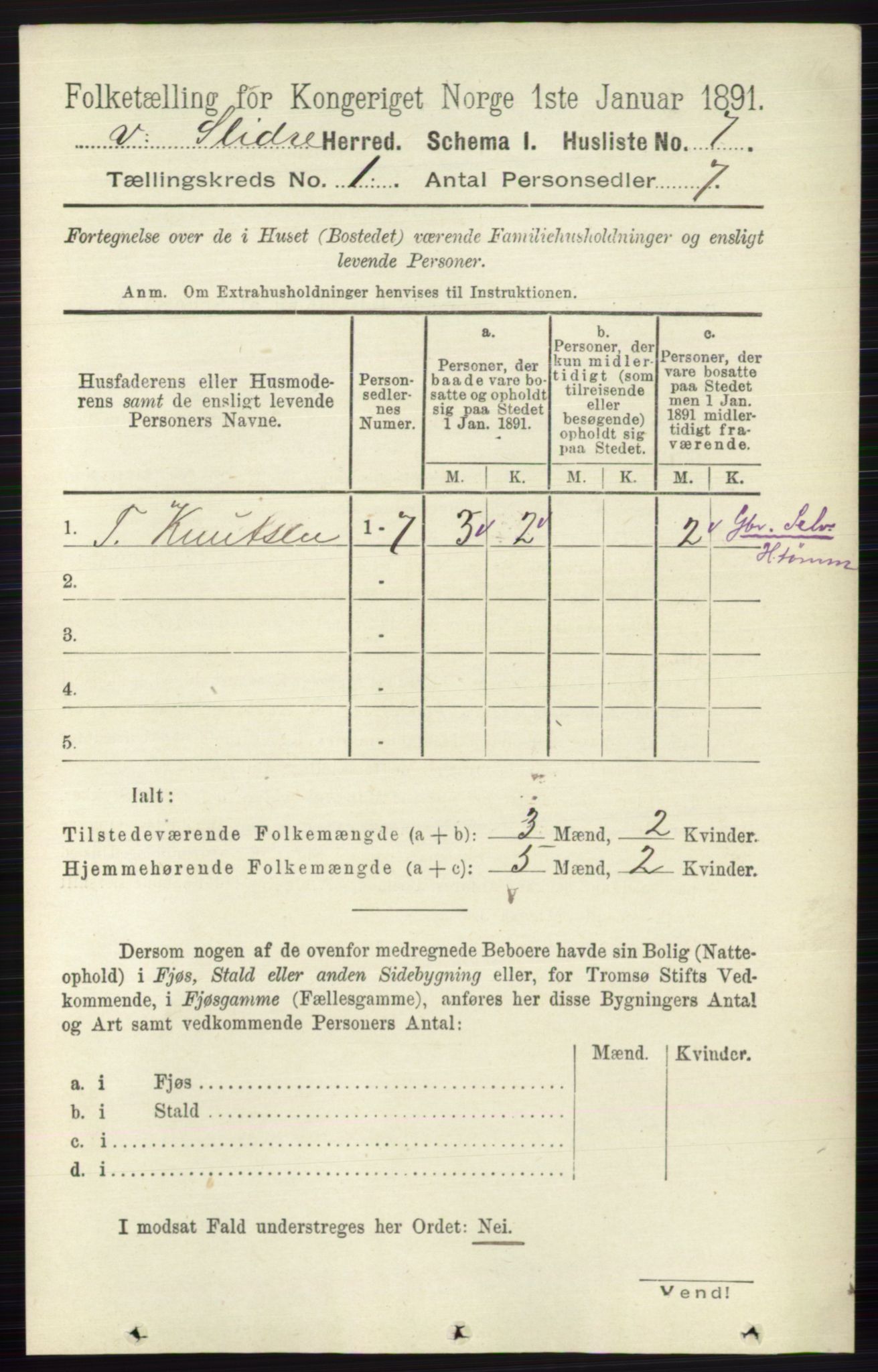 RA, 1891 census for 0543 Vestre Slidre, 1891, p. 35