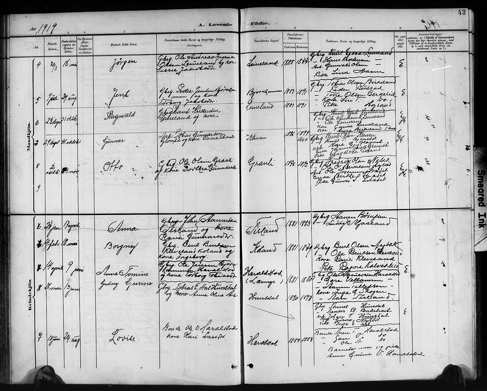 Holum sokneprestkontor, AV/SAK-1111-0022/F/Fb/Fbb/L0004: Parish register (copy) no. B 4, 1899-1920, p. 43