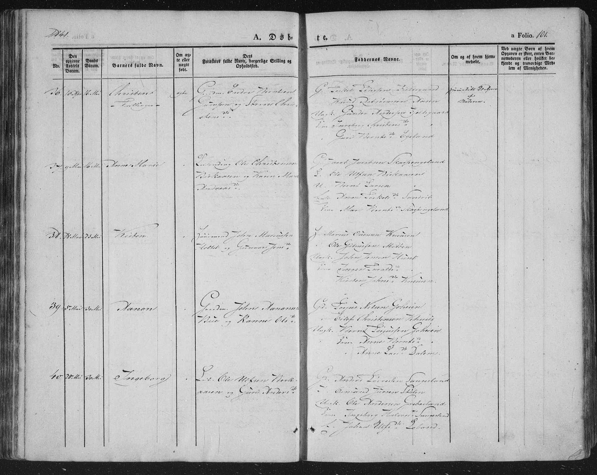 Vennesla sokneprestkontor, AV/SAK-1111-0045/Fa/Fac/L0004: Parish register (official) no. A 4, 1834-1855, p. 101