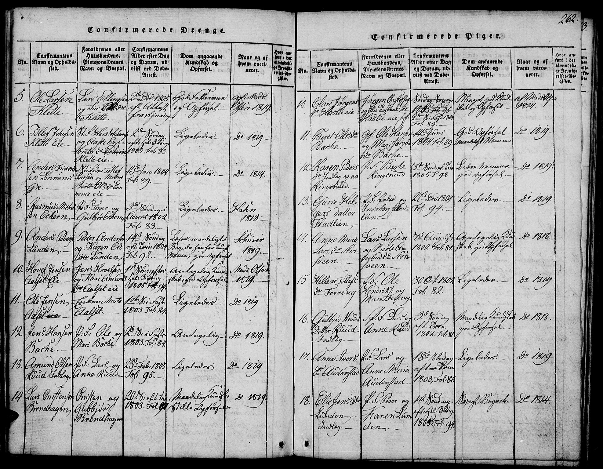 Biri prestekontor, AV/SAH-PREST-096/H/Ha/Hab/L0001: Parish register (copy) no. 1, 1814-1828, p. 262