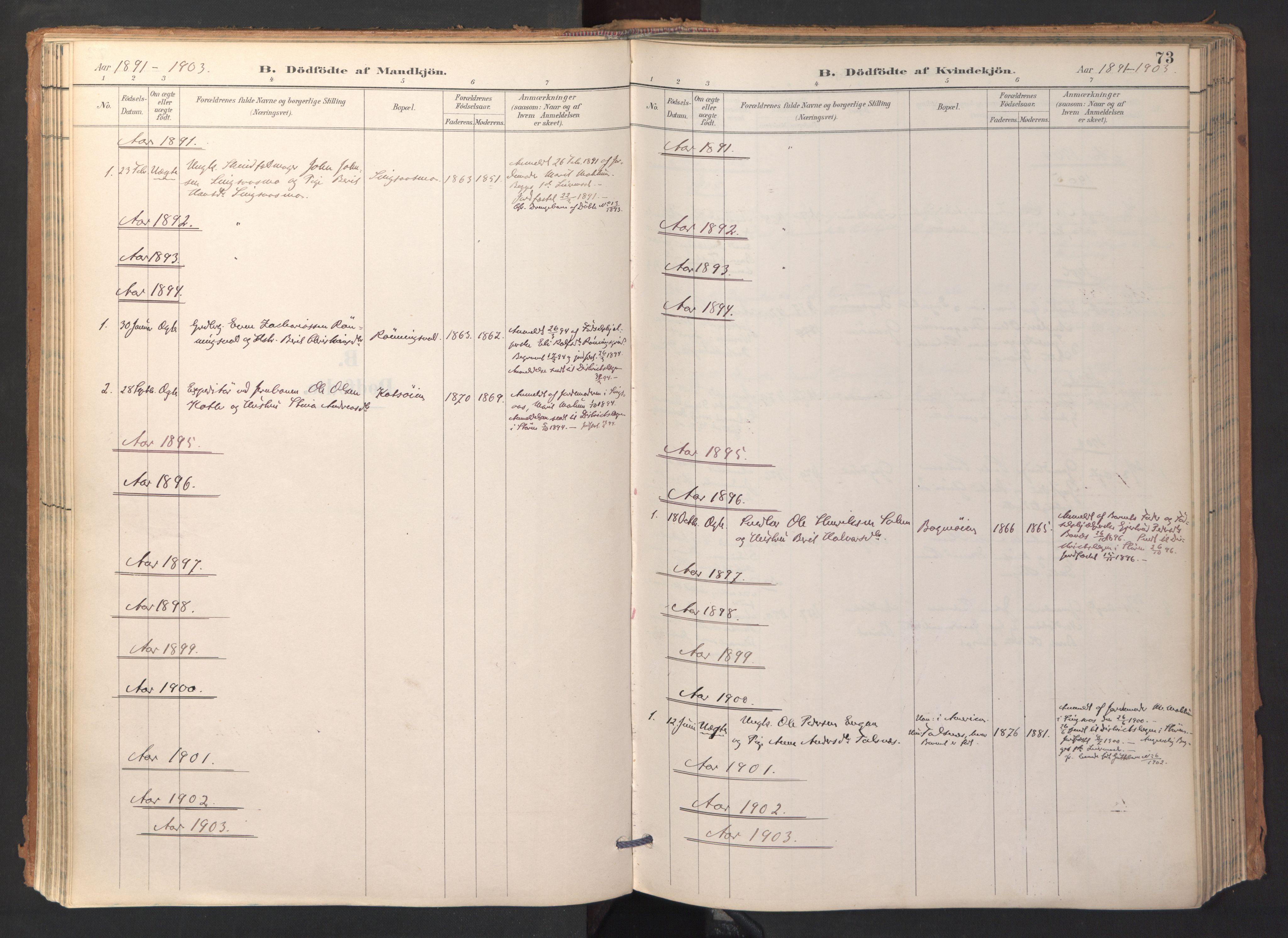 Ministerialprotokoller, klokkerbøker og fødselsregistre - Sør-Trøndelag, AV/SAT-A-1456/688/L1025: Parish register (official) no. 688A02, 1891-1909, p. 73