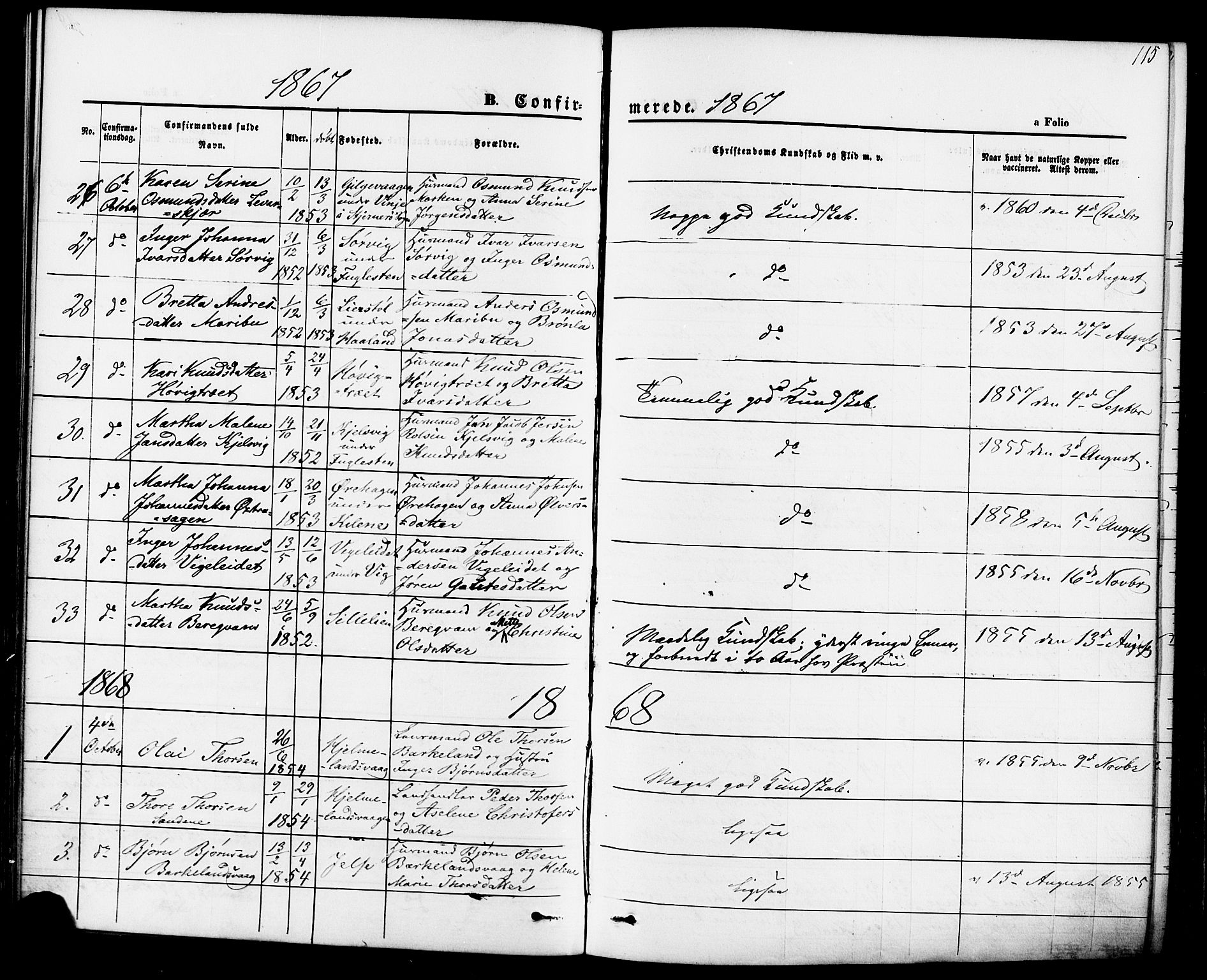Jelsa sokneprestkontor, SAST/A-101842/01/IV: Parish register (official) no. A 8, 1867-1883, p. 115