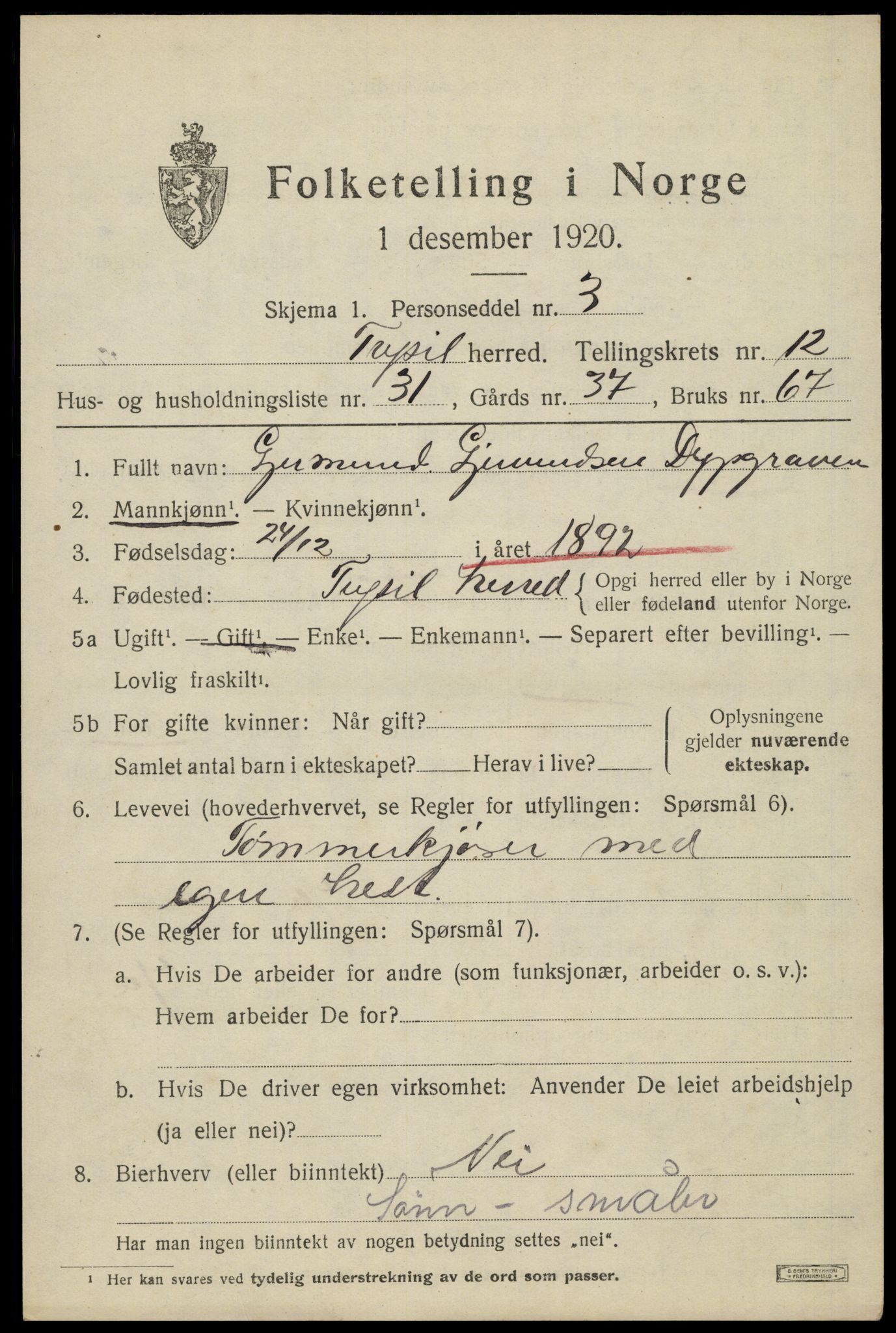 SAH, 1920 census for Trysil, 1920, p. 7551