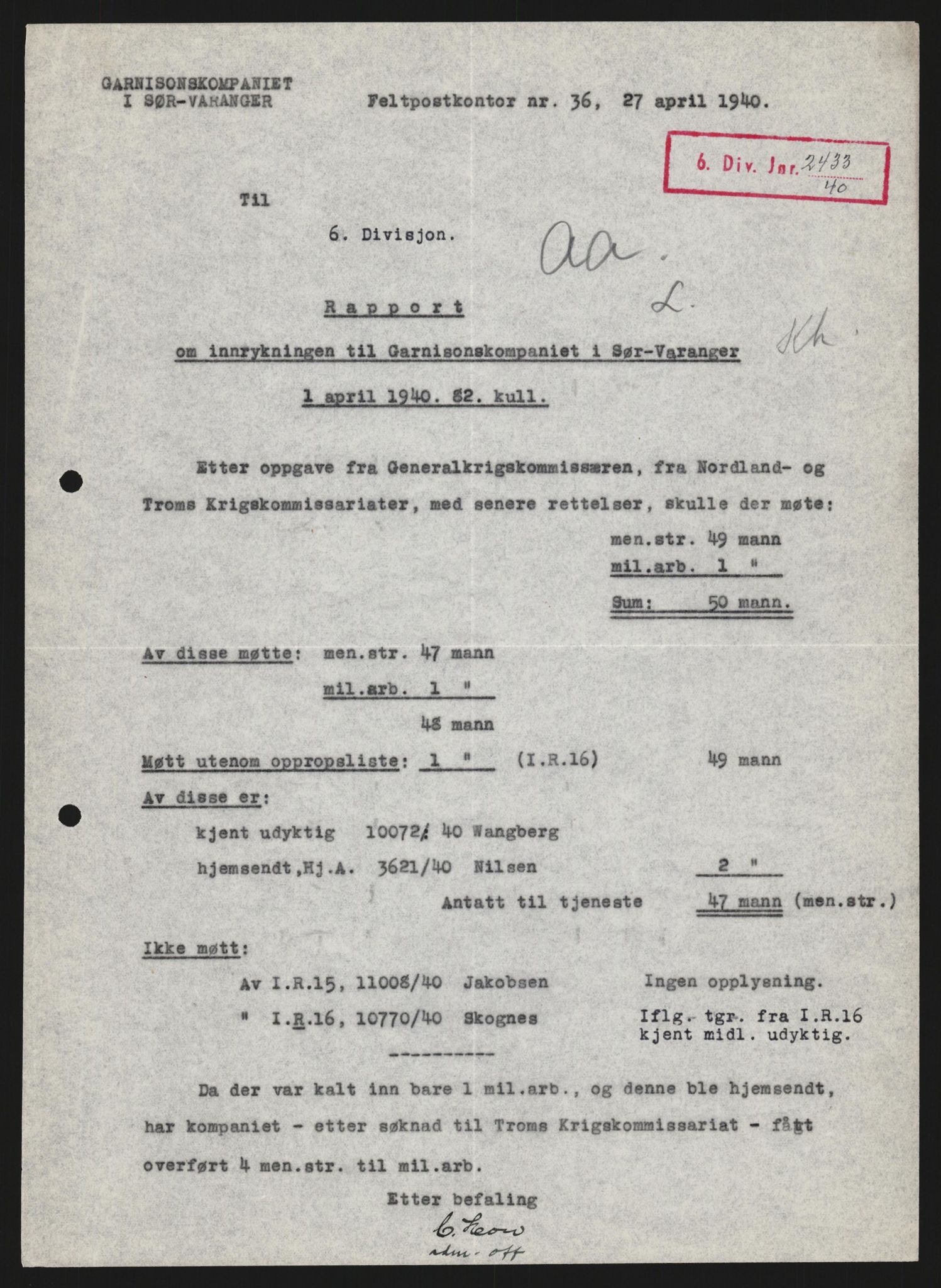 Forsvaret, Forsvarets krigshistoriske avdeling, AV/RA-RAFA-2017/Y/Yb/L0123: II-C-11-600  -  6. Divisjon med avdelinger, 1940, p. 450