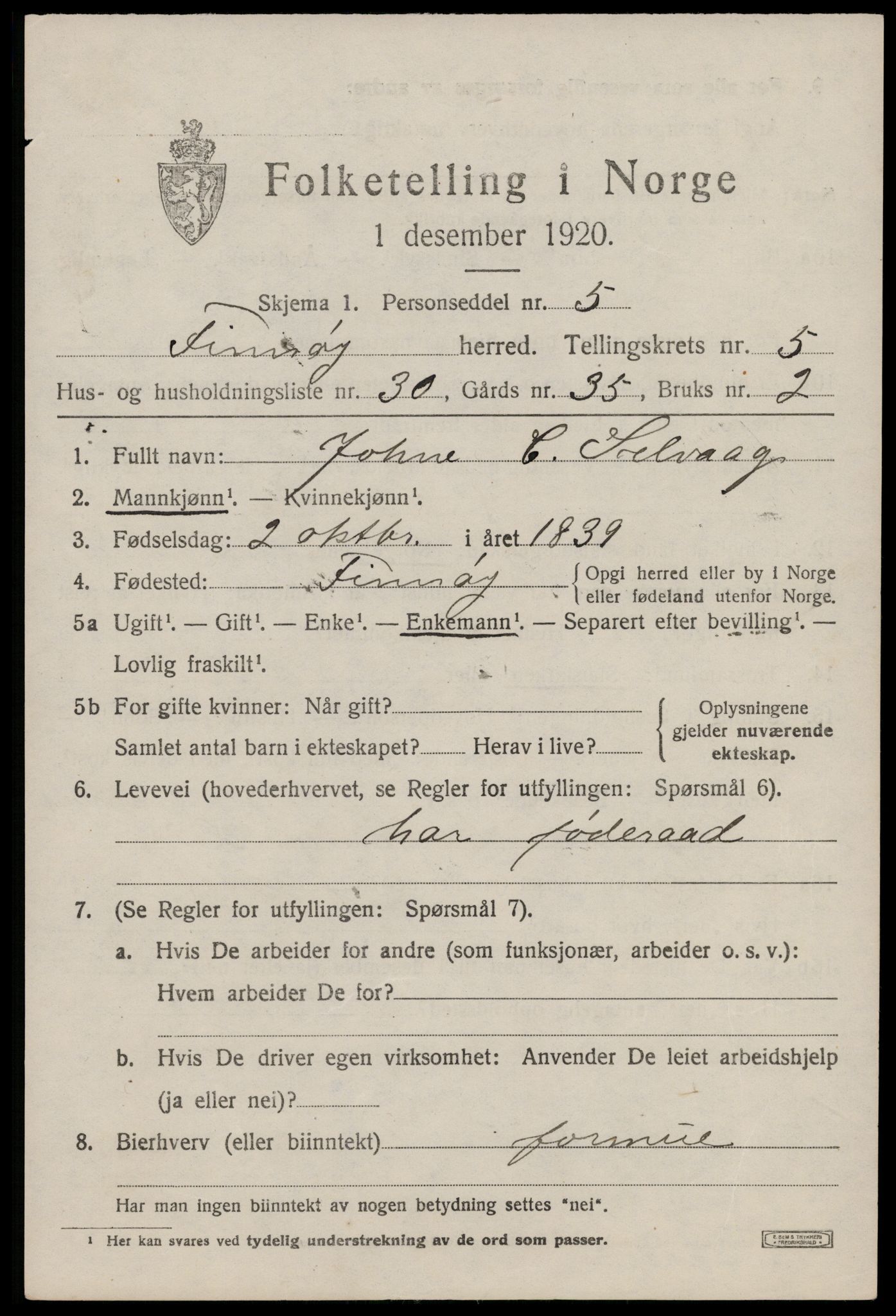 SAST, 1920 census for Finnøy, 1920, p. 3260