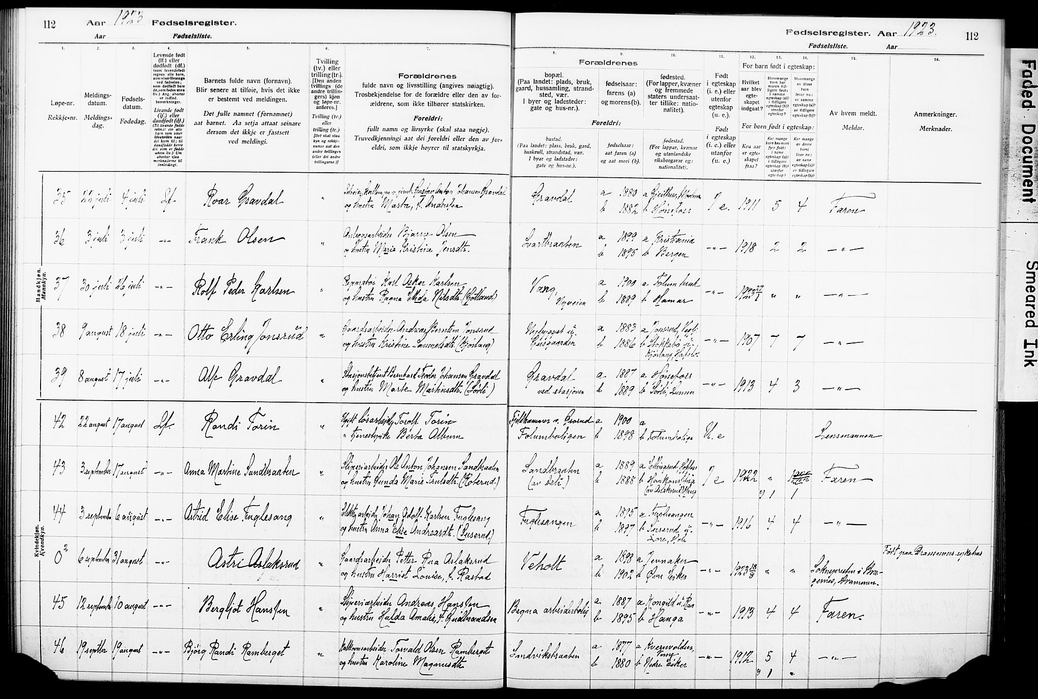 Norderhov kirkebøker, AV/SAKO-A-237/J/Ja/L0001: Birth register no. 1, 1916-1930, p. 112