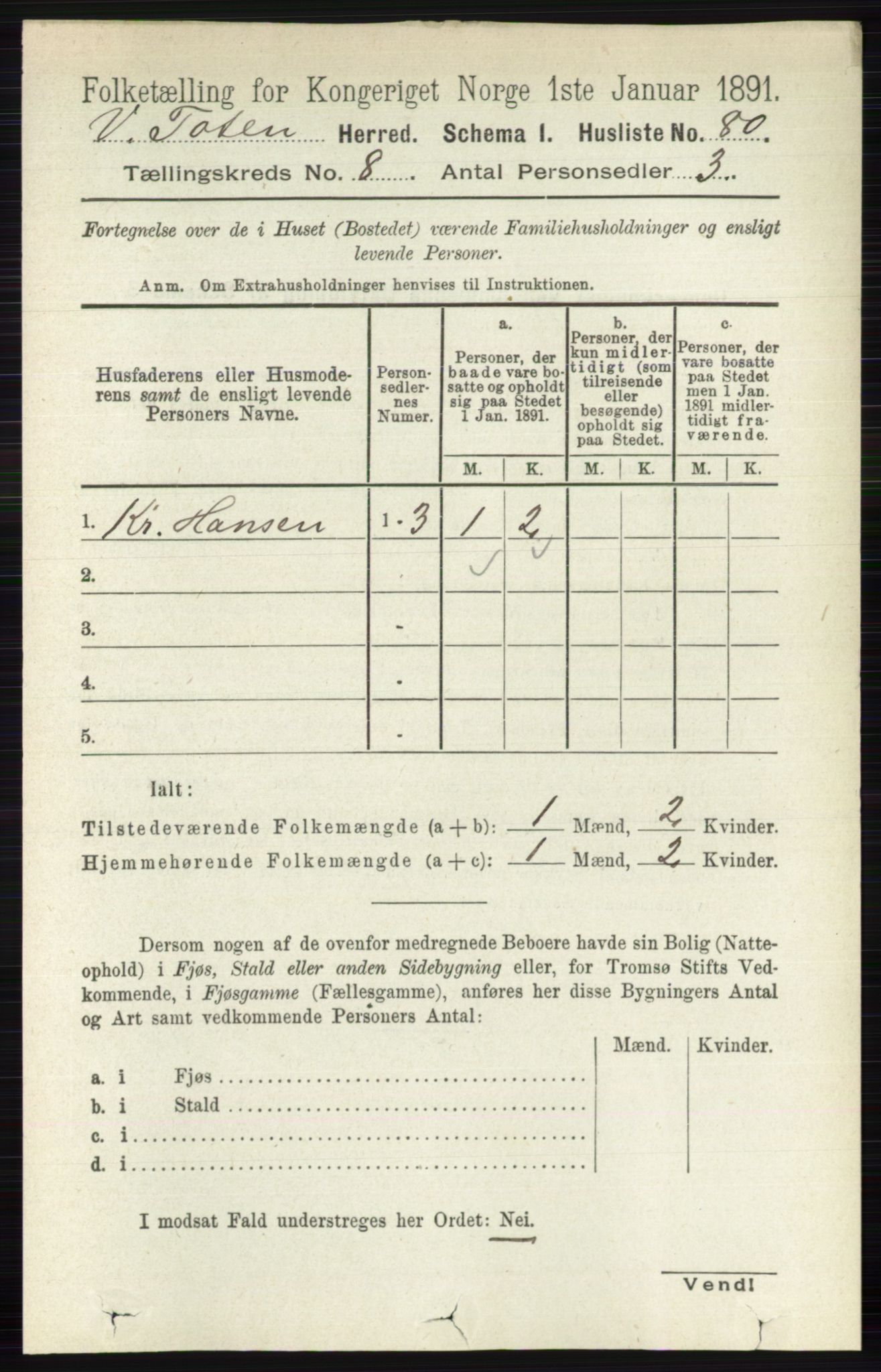 RA, 1891 census for 0529 Vestre Toten, 1891, p. 4997