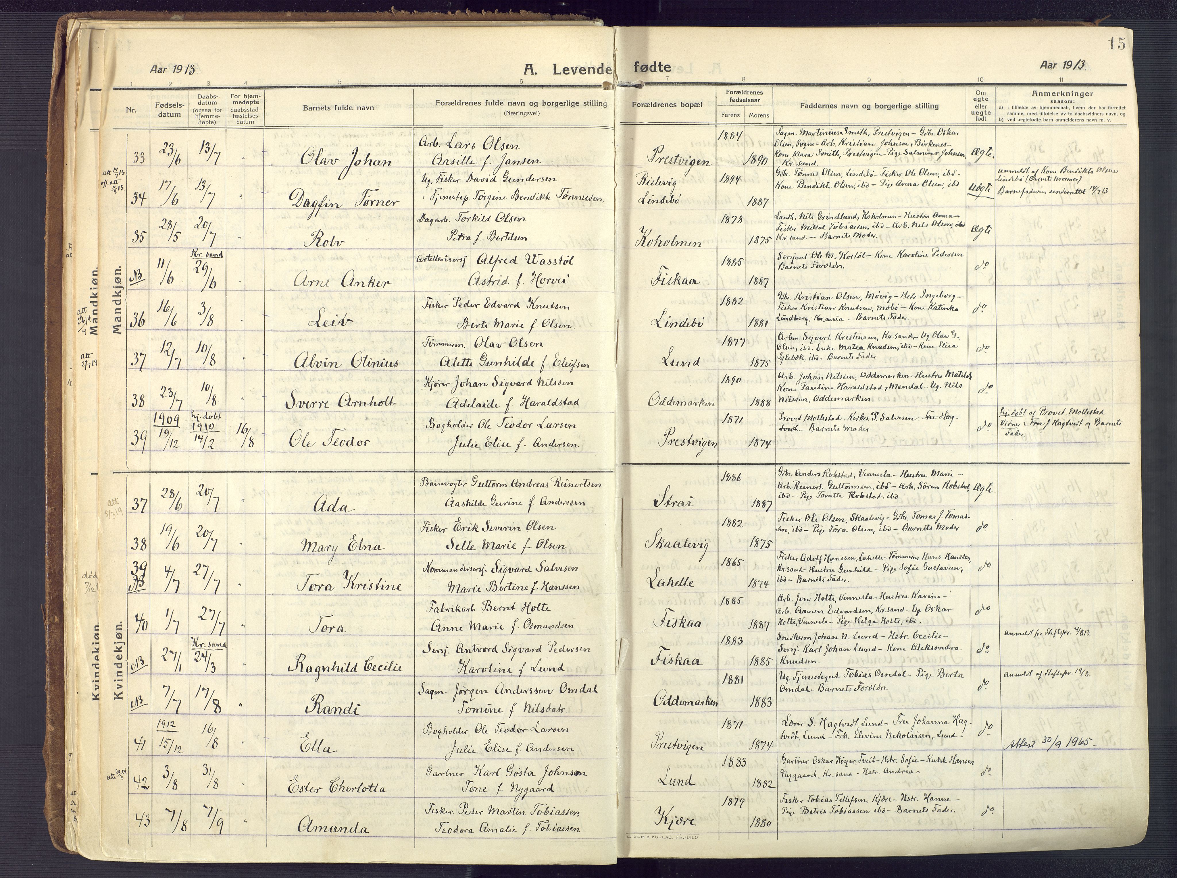 Oddernes sokneprestkontor, AV/SAK-1111-0033/F/Fa/Faa/L0012: Parish register (official) no. A 12, 1912-1925, p. 15