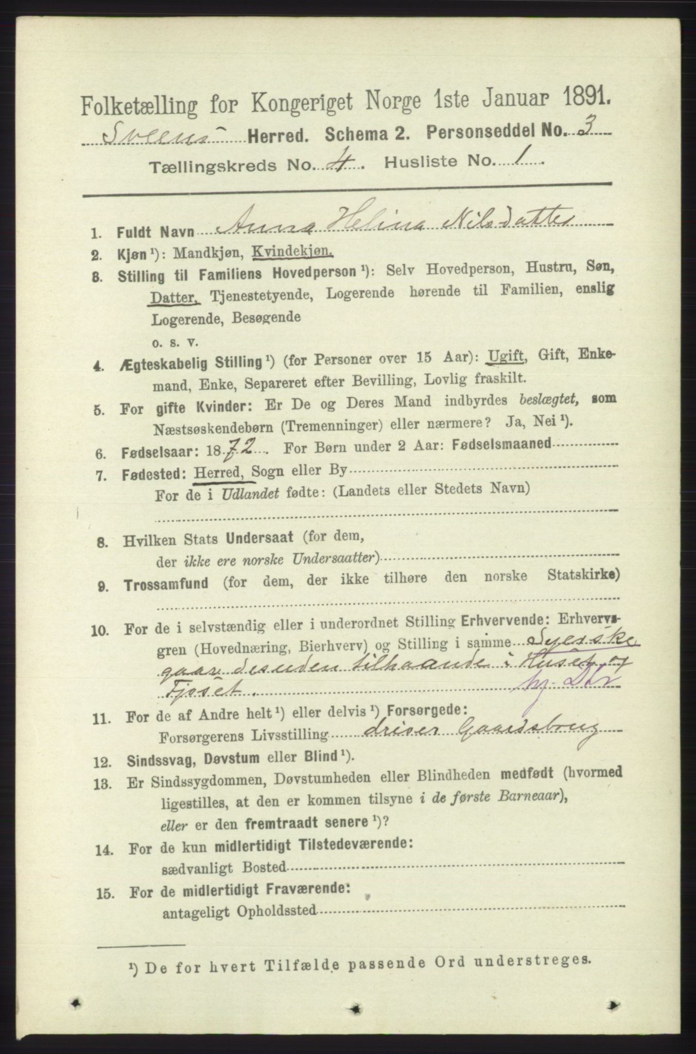 RA, 1891 census for 1216 Sveio, 1891, p. 1138