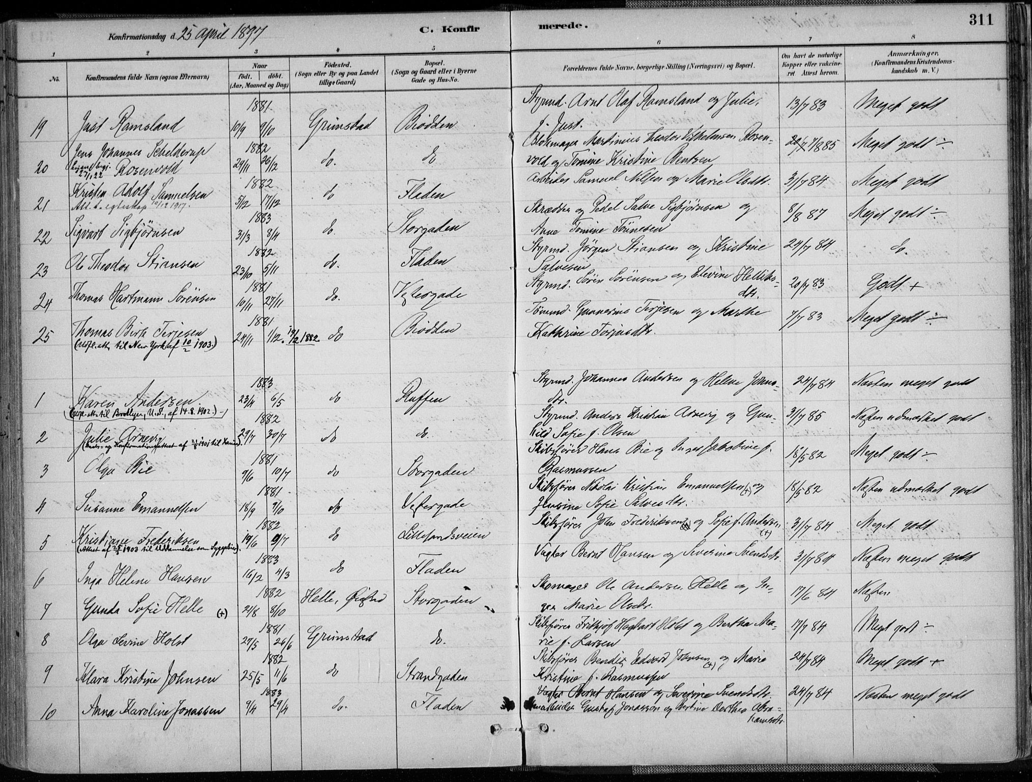 Grimstad sokneprestkontor, SAK/1111-0017/F/Fa/L0003: Parish register (official) no. A 2, 1882-1912, p. 311