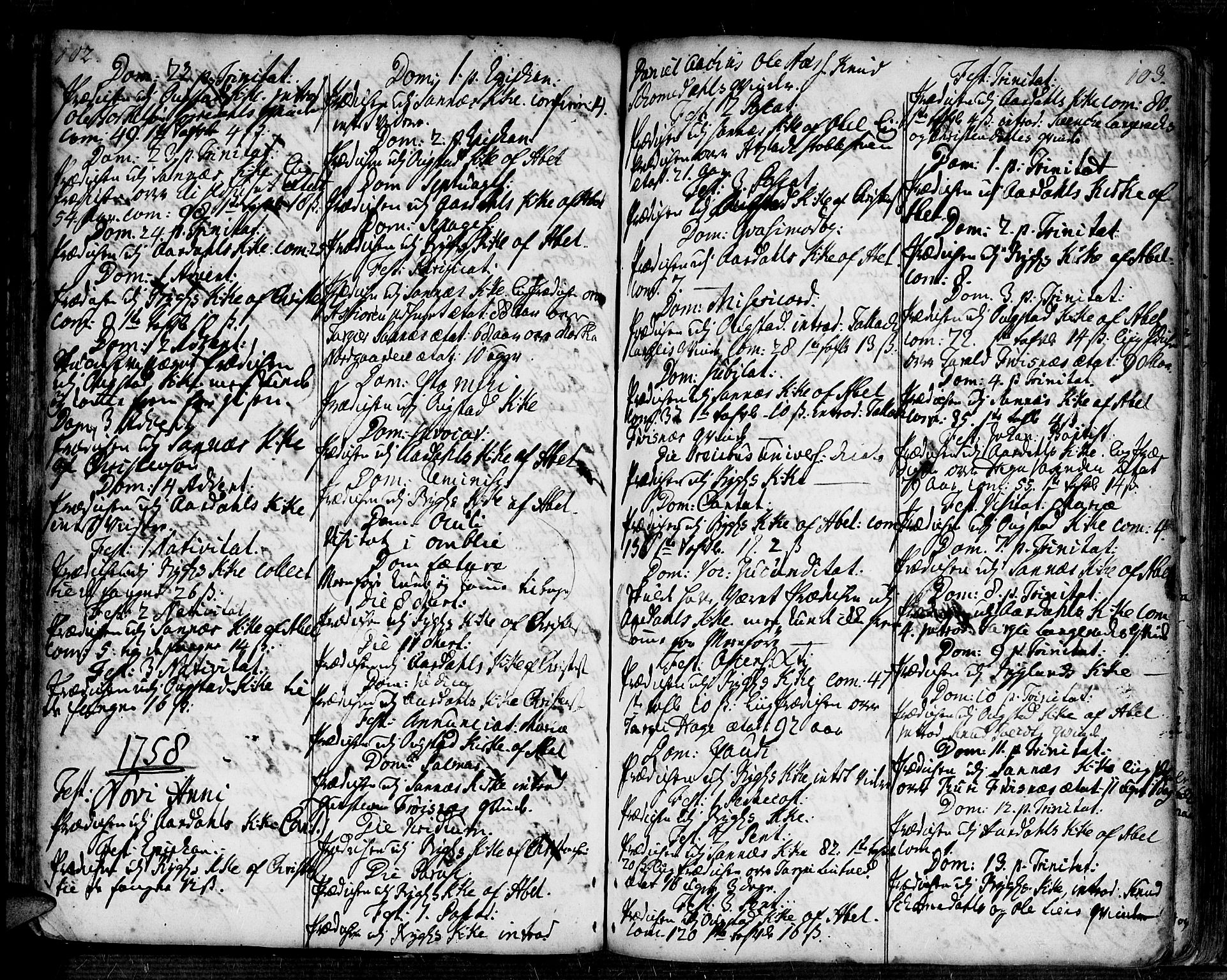 Bygland sokneprestkontor, SAK/1111-0006/F/Fa/Fab/L0001: Parish register (official) no. A 1, 1725-1766, p. 102-103