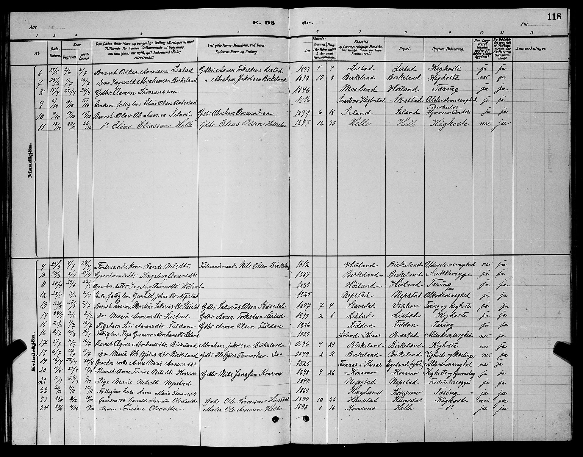 Nord-Audnedal sokneprestkontor, AV/SAK-1111-0032/F/Fb/Fba/L0003: Parish register (copy) no. B 3, 1881-1900, p. 118