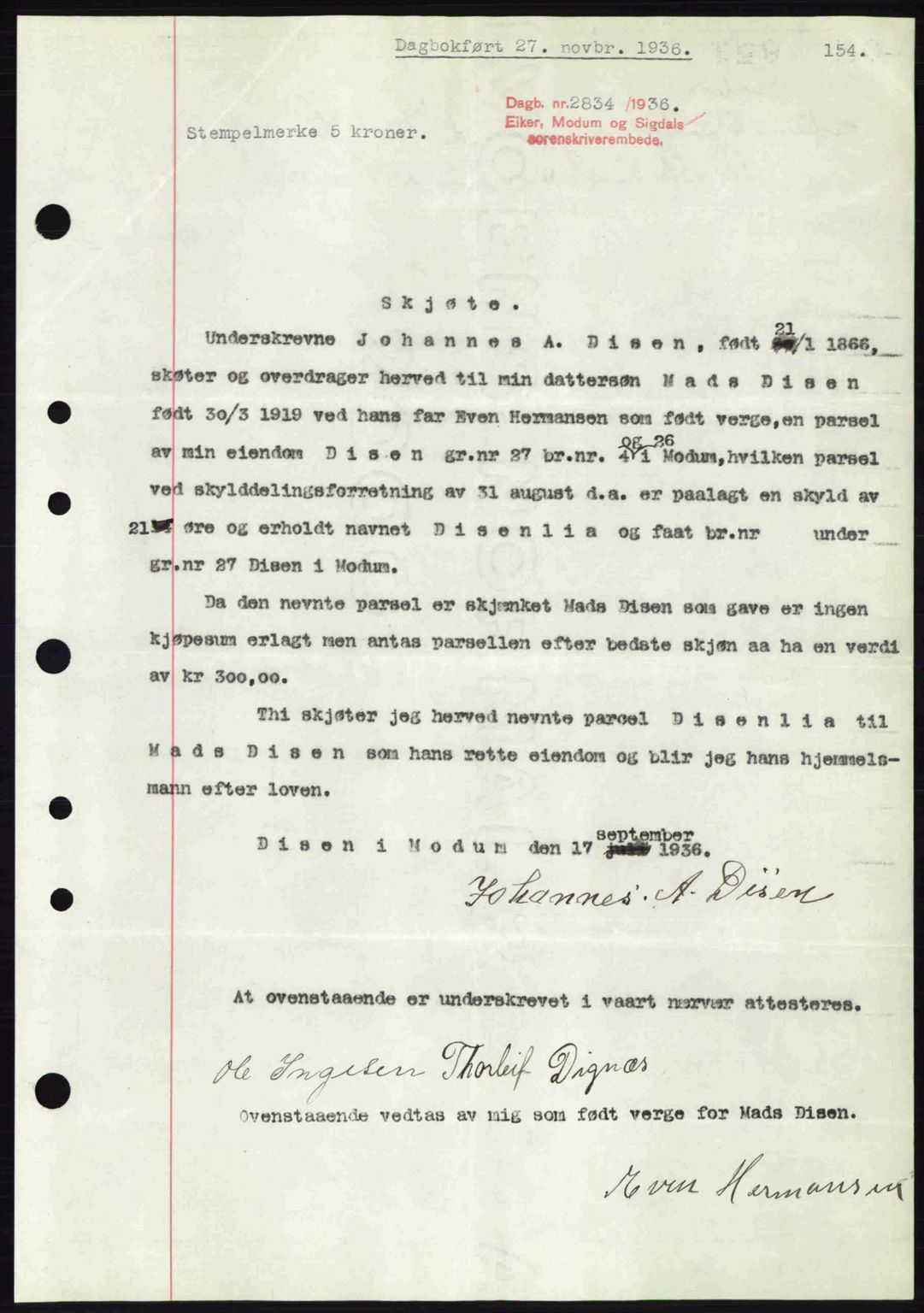 Eiker, Modum og Sigdal sorenskriveri, SAKO/A-123/G/Ga/Gab/L0034: Mortgage book no. A4, 1936-1937, Diary no: : 2834/1936