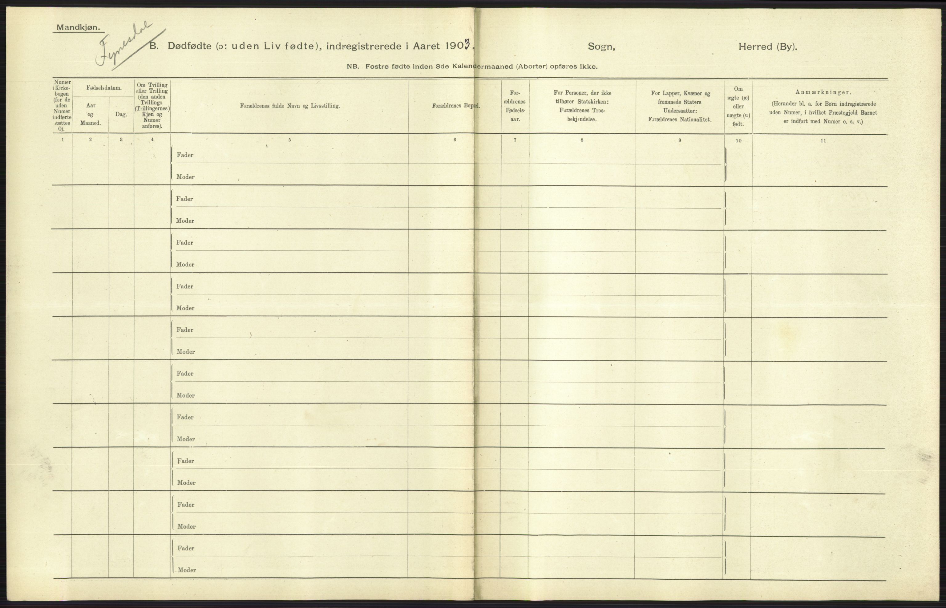 Statistisk sentralbyrå, Sosiodemografiske emner, Befolkning, RA/S-2228/D/Df/Dfa/Dfaa/L0024: Smålenenes - Stavanger amt: Dødfødte. Bygder., 1903, p. 393