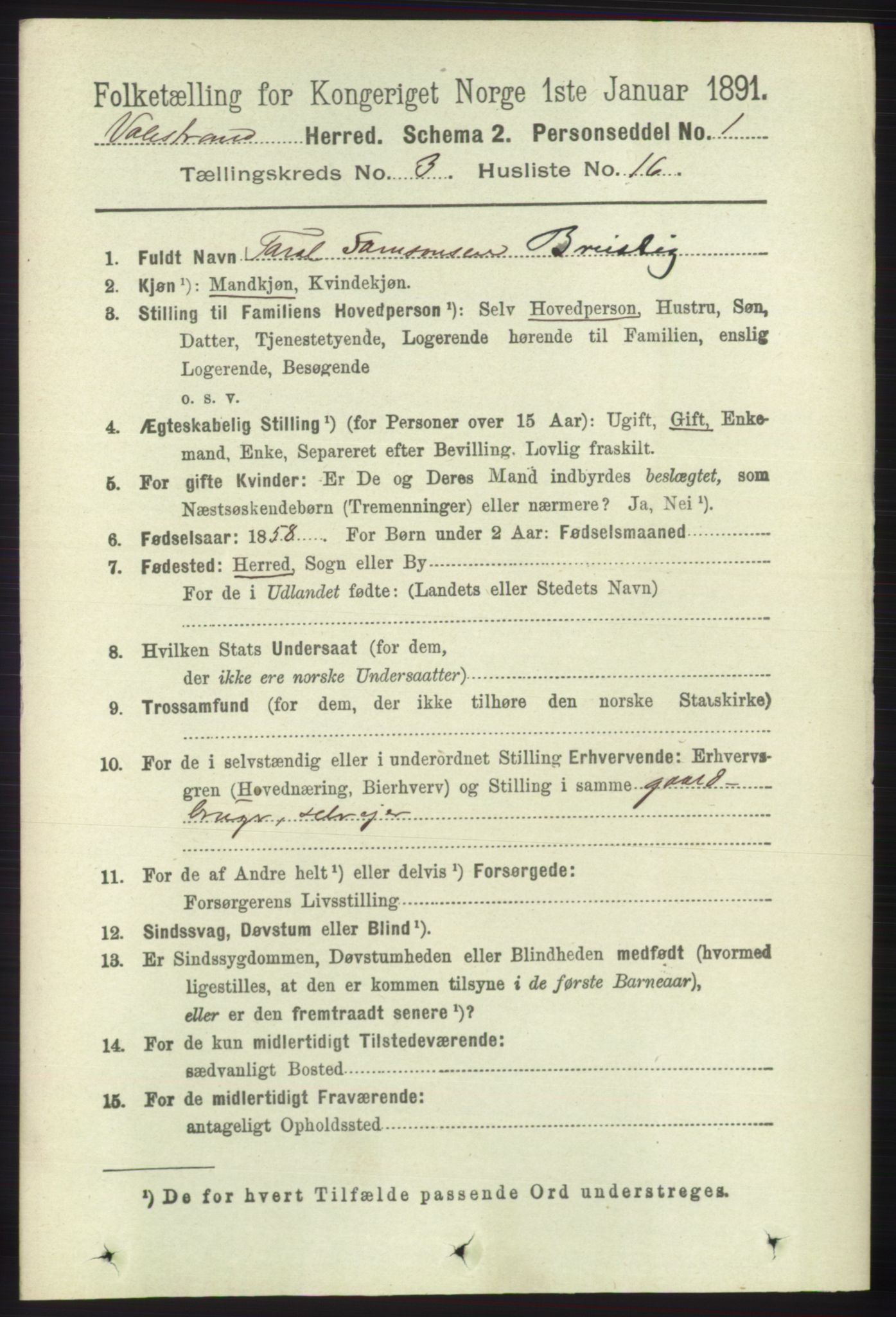 RA, 1891 census for 1217 Valestrand, 1891, p. 622