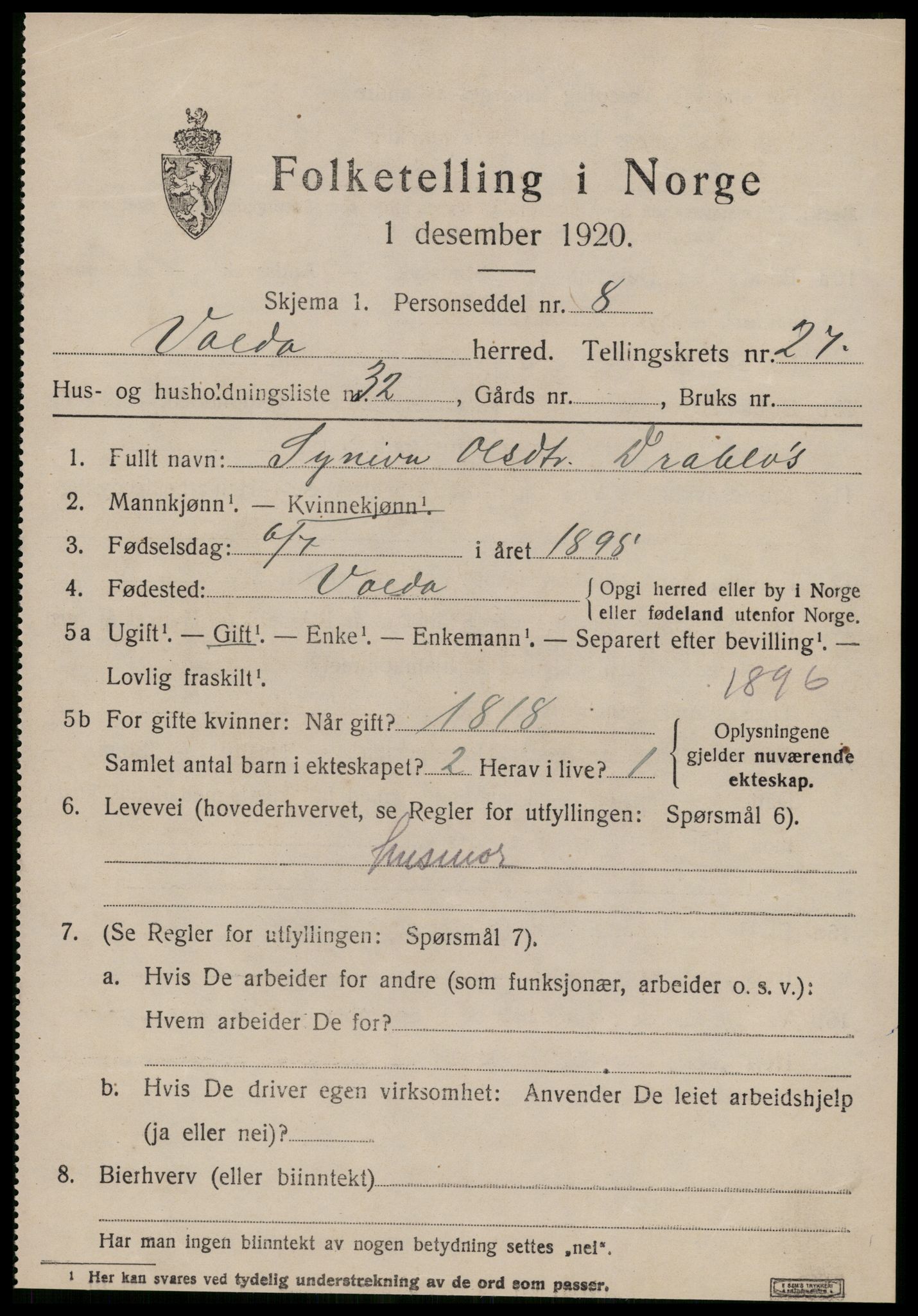 SAT, 1920 census for Volda, 1920, p. 12934