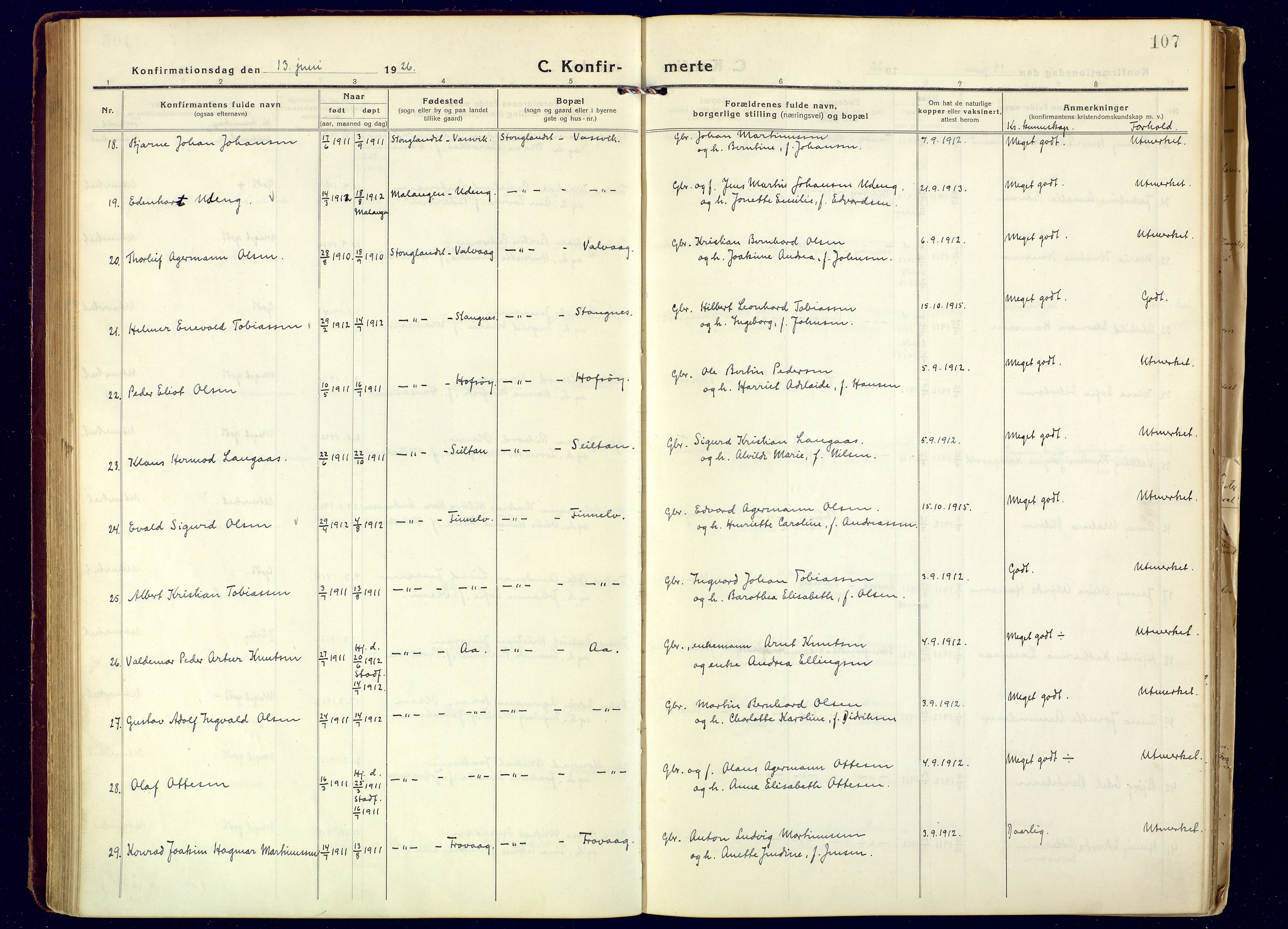 Tranøy sokneprestkontor, AV/SATØ-S-1313/I/Ia/Iaa/L0016kirke: Parish register (official) no. 16, 1919-1932, p. 107