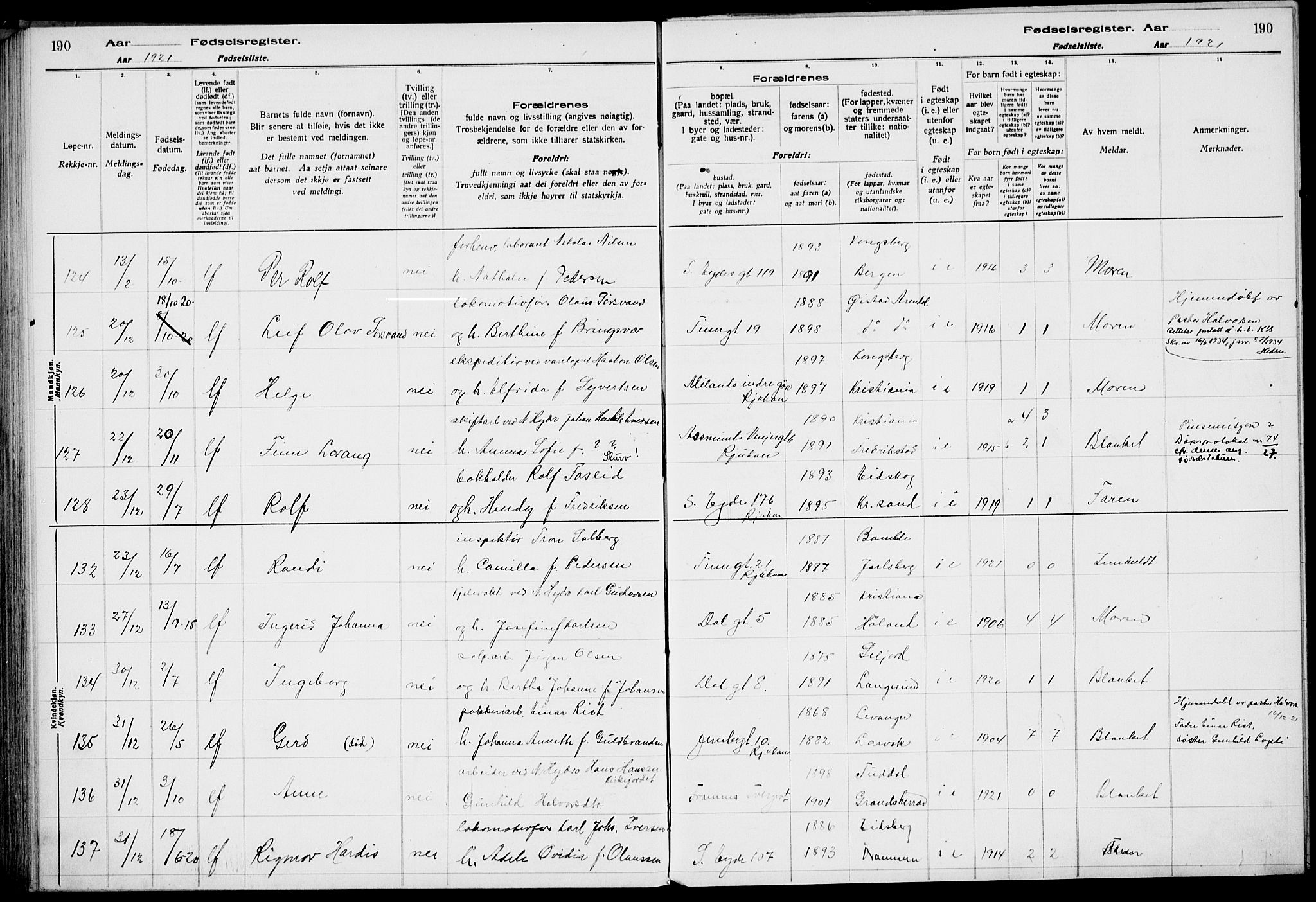 Rjukan kirkebøker, AV/SAKO-A-294/J/Ja/L0001: Birth register no. 1, 1916-1922, p. 190