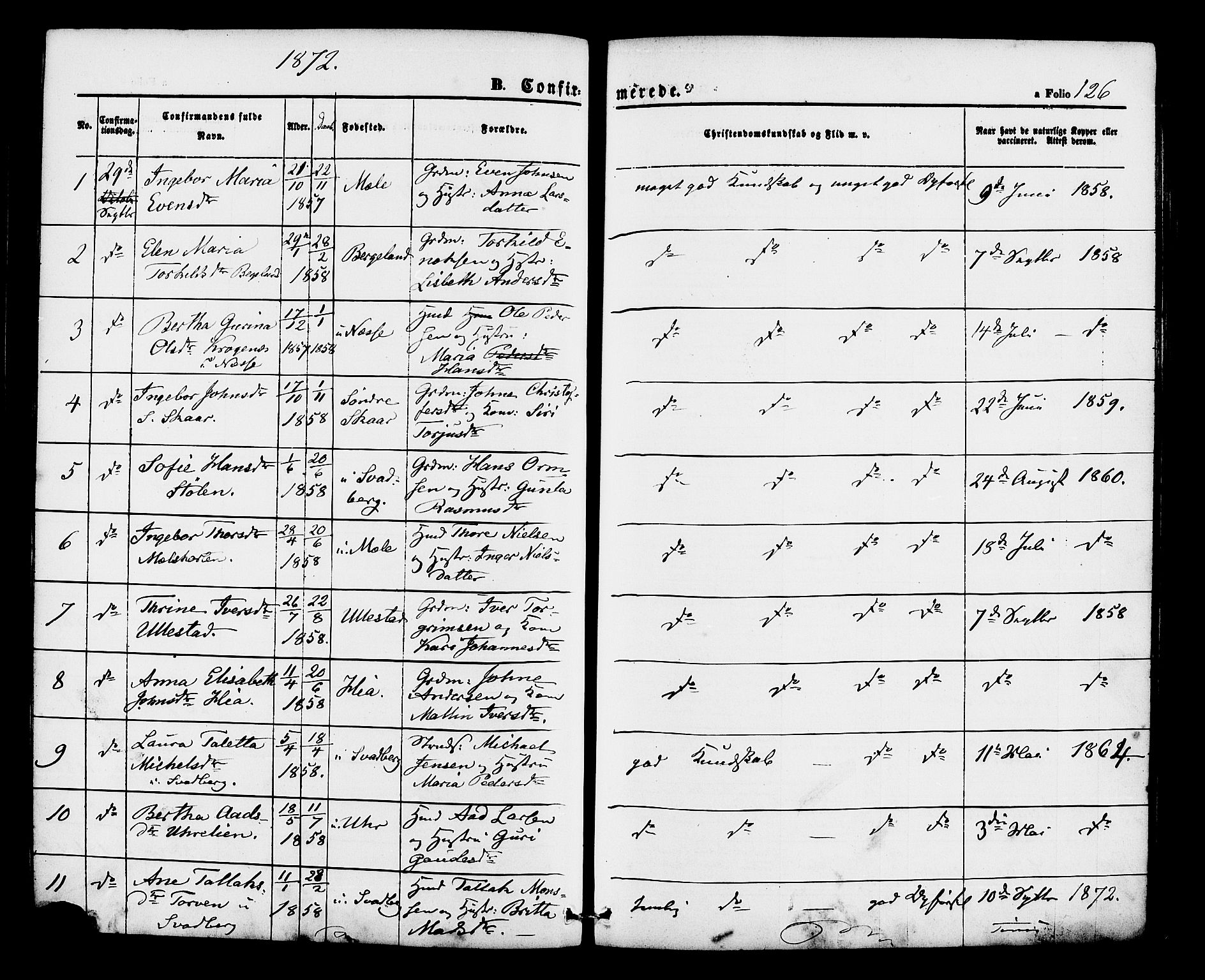 Hjelmeland sokneprestkontor, AV/SAST-A-101843/01/IV/L0012: Parish register (official) no. A 12, 1862-1886, p. 126