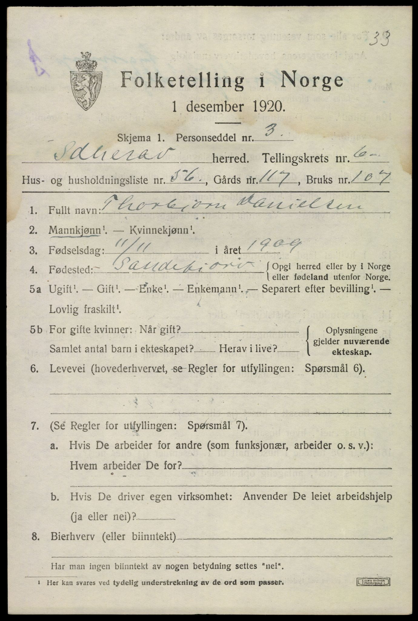 SAKO, 1920 census for Sandeherred, 1920, p. 10314