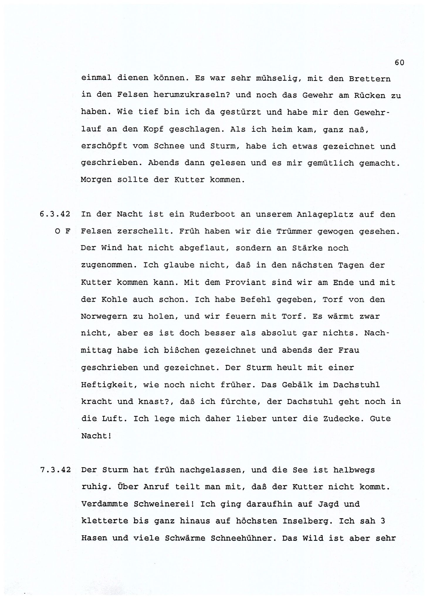 Dagbokopptegnelser av en tysk marineoffiser stasjonert i Norge , FMFB/A-1160/F/L0001: Dagbokopptegnelser av en tysk marineoffiser stasjonert i Norge, 1941-1944, p. 60